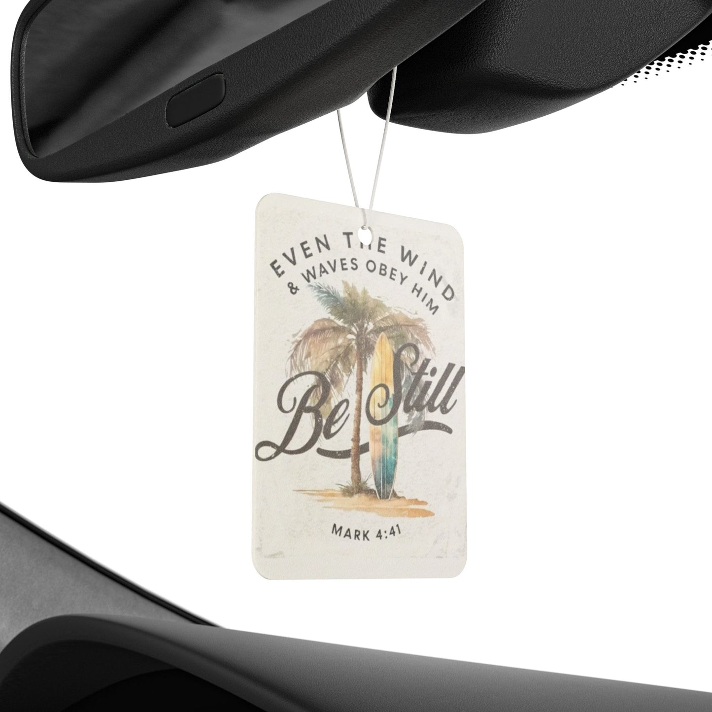 Be Still Car Air Freshener — Mark 4:41 Surfboard & Palm Tree Christian Scent