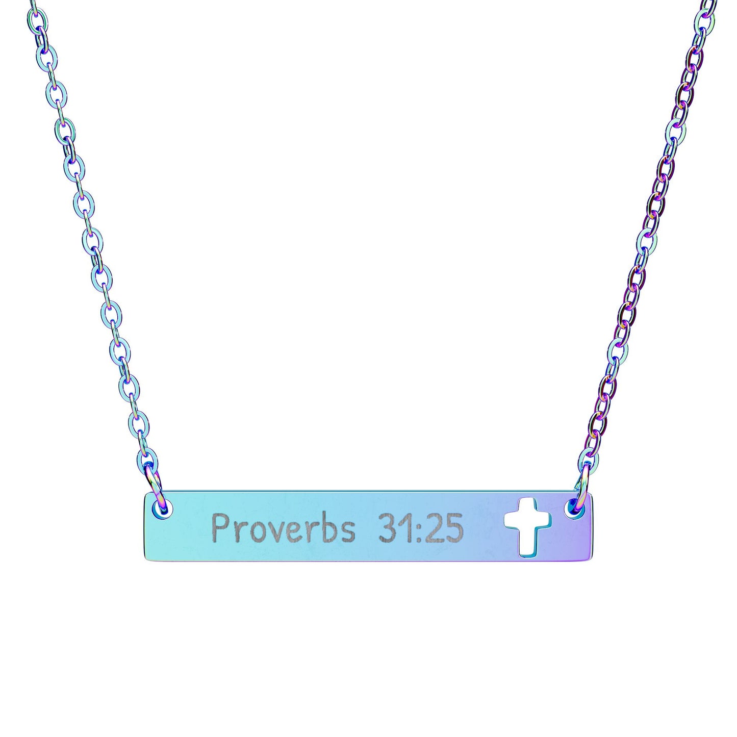 Cutout Cross Bar Necklace — Engraved “Proverbs 31:25” Christian Pendant