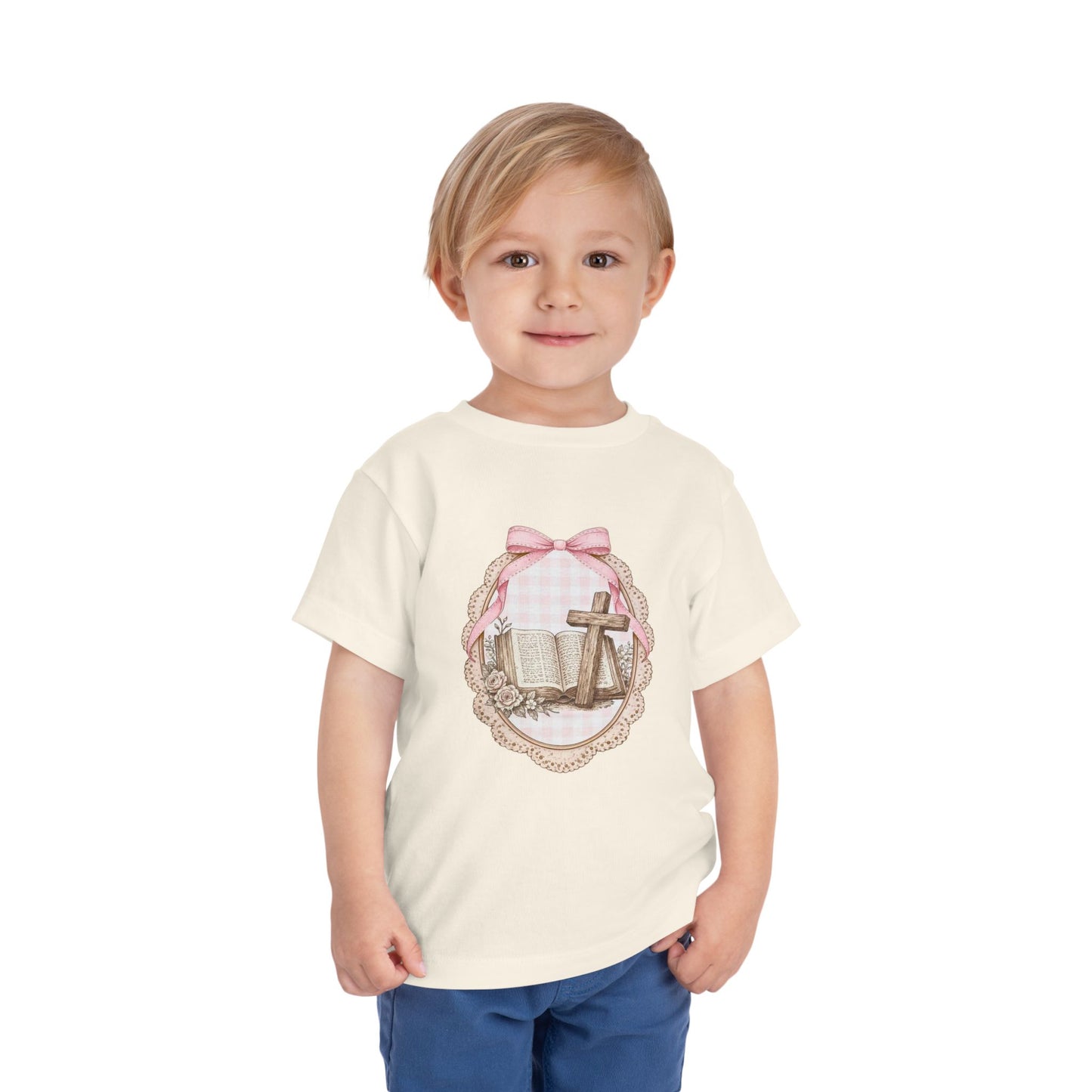 Toddler Tee — Pink Bow Cross & Bible Christian Easter Shirt