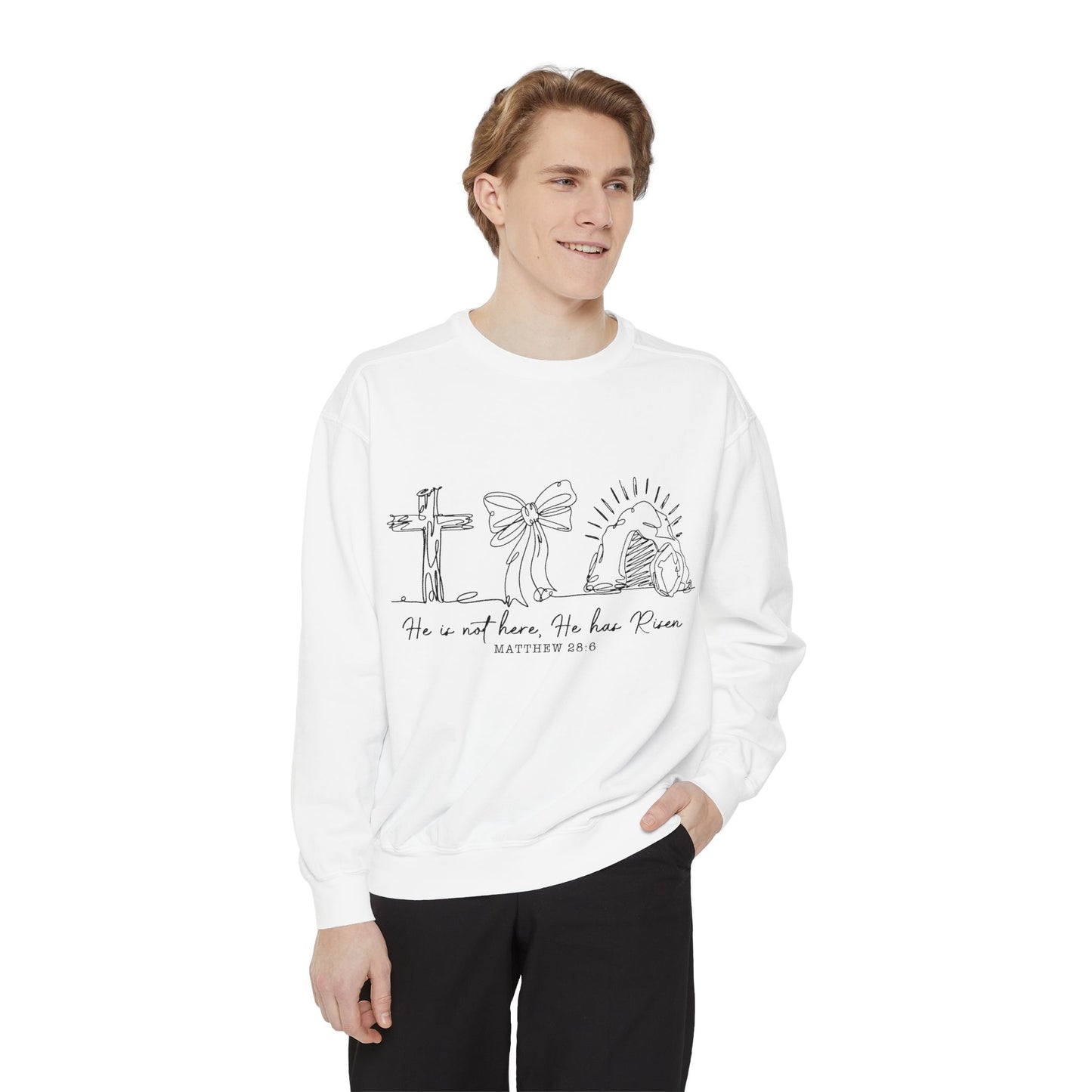 He Is Risen Christian Sweatshirt — Cross, Bow & Empty Tomb Easter Pullover
