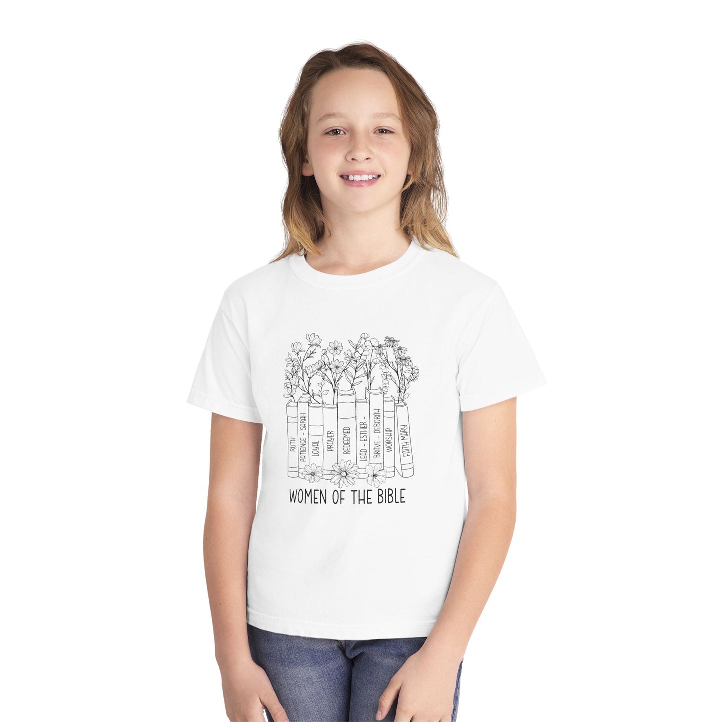 Women of the Bible Youth Tee — Floral Bible Spine Illustration
