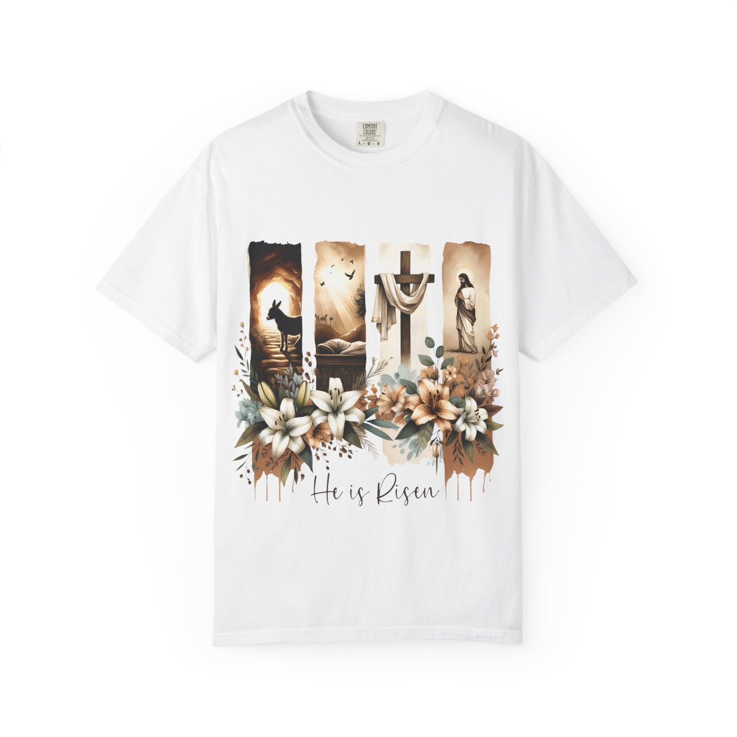 He Is Risen Easter T-Shirt — Christian Cross Resurrection Floral Tee