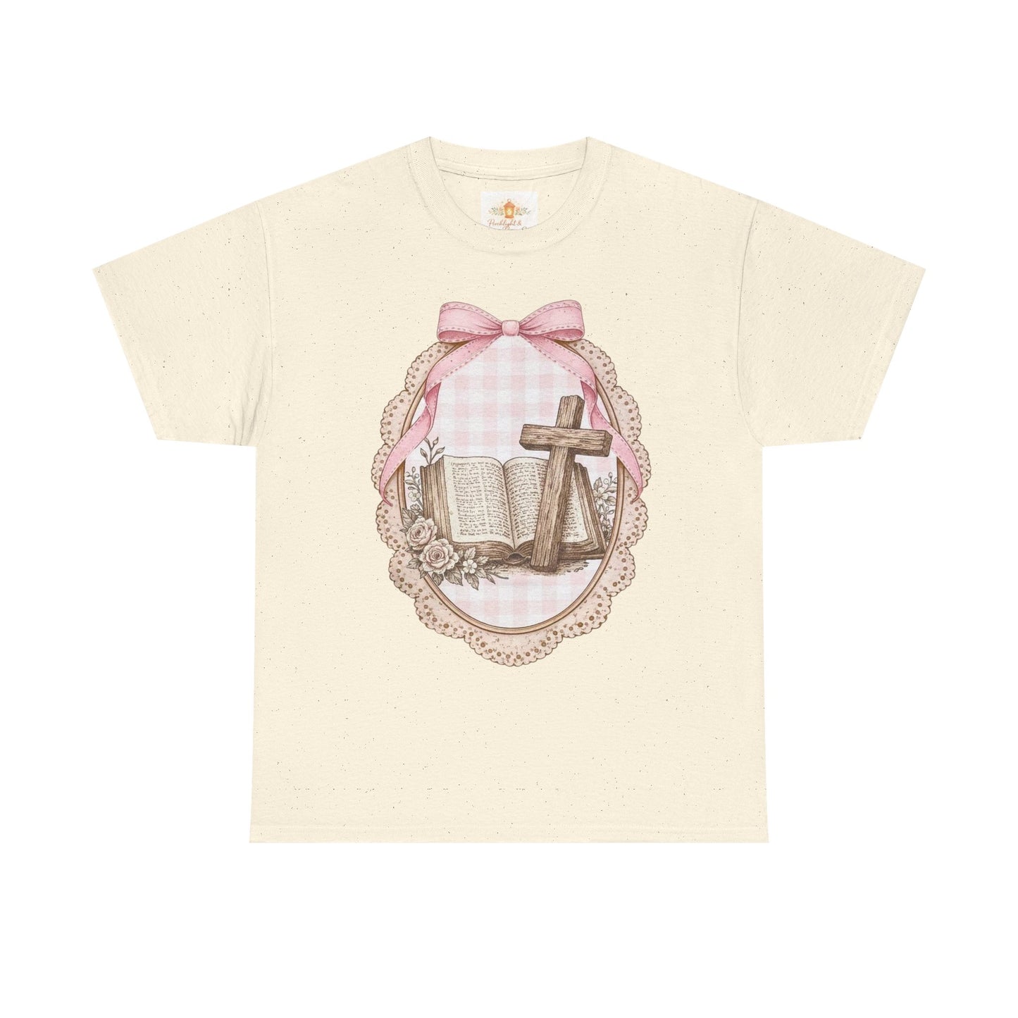 Christian Cross & Bible Tee — Pink Bow Vintage Easter Faith Shirt
