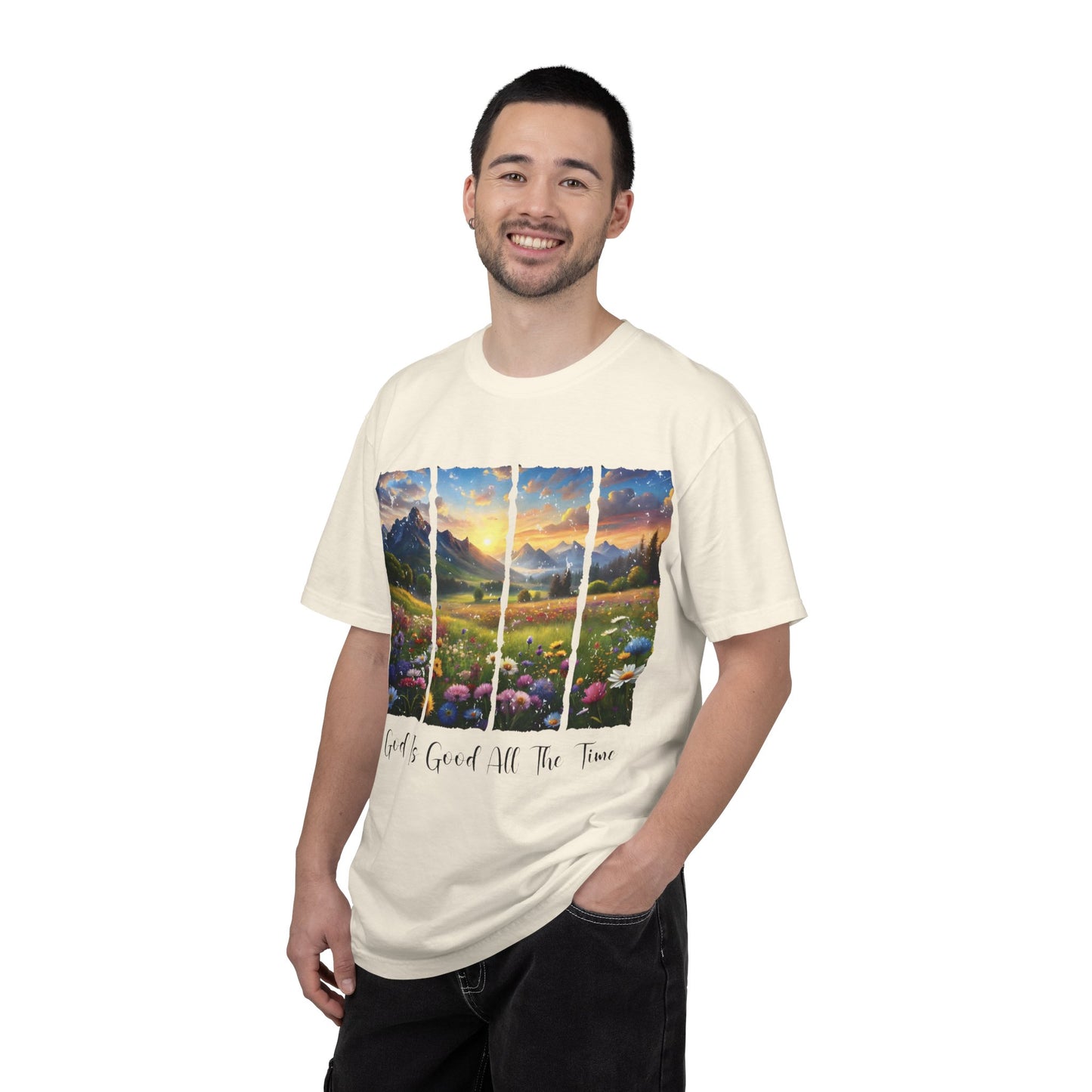 God Is Good All The Time T-Shirt — Scenic Mountain Sunrise Faith Tee