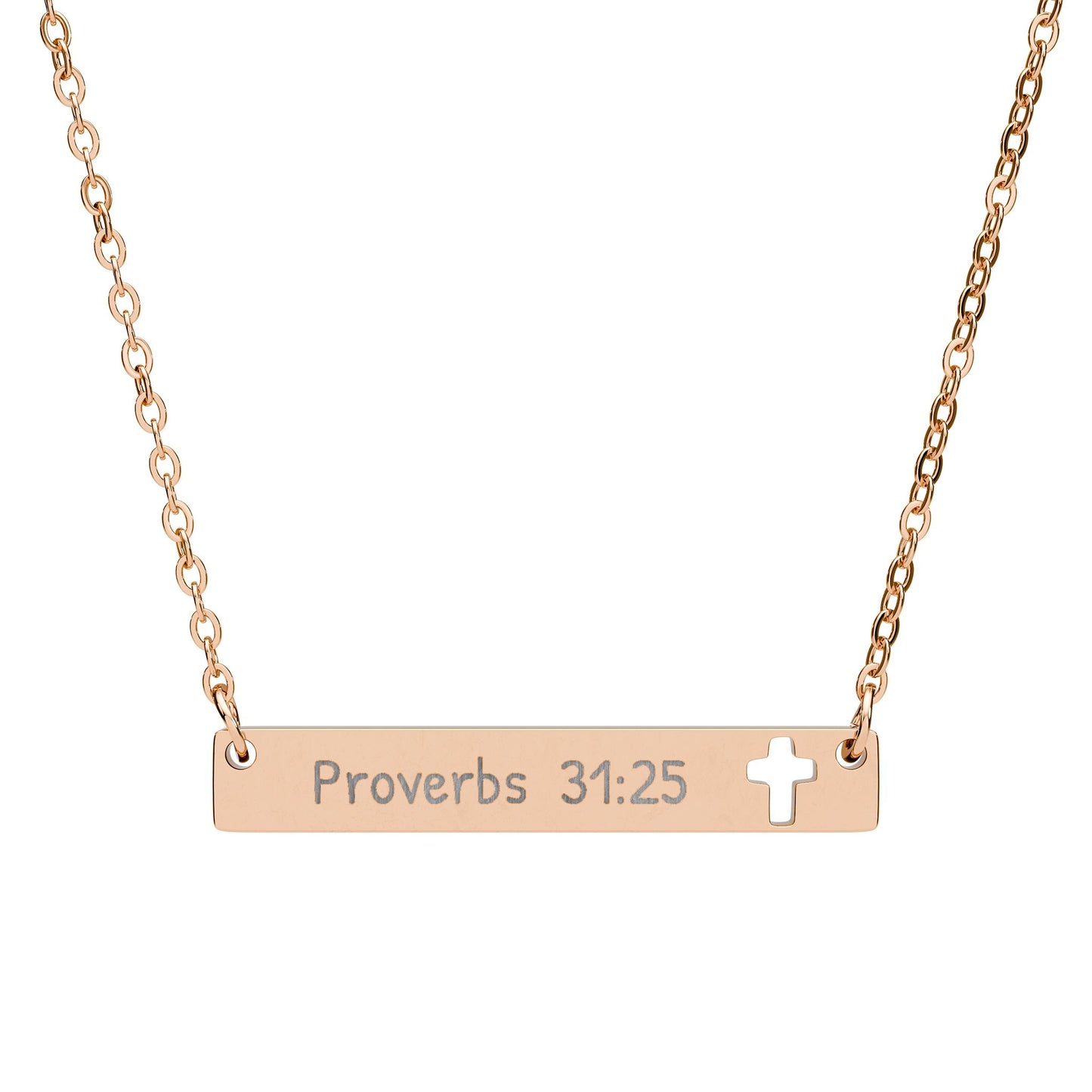 Cutout Cross Bar Necklace — Engraved “Proverbs 31:25” Christian Pendant