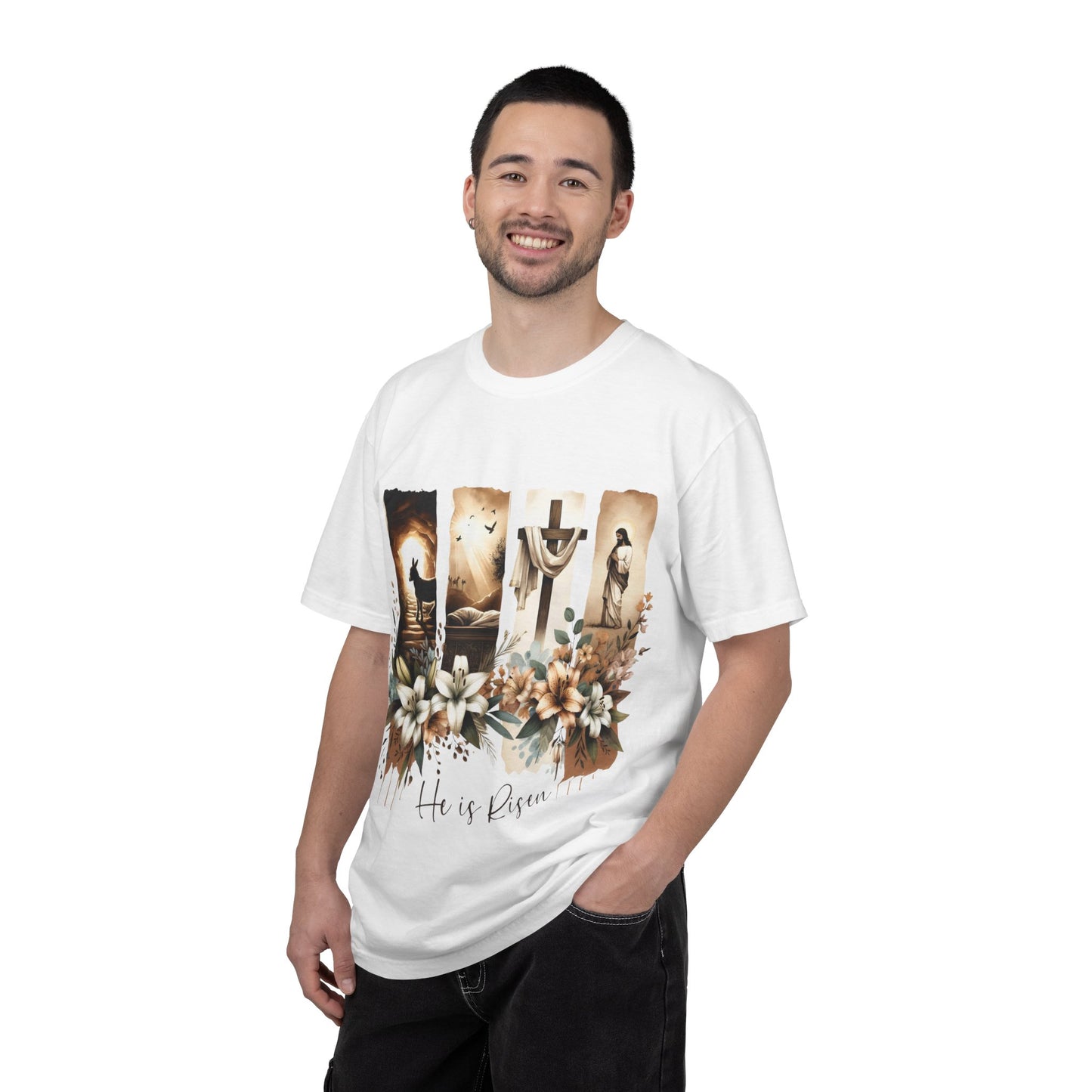 He Is Risen Easter T-Shirt — Christian Cross Resurrection Floral Tee
