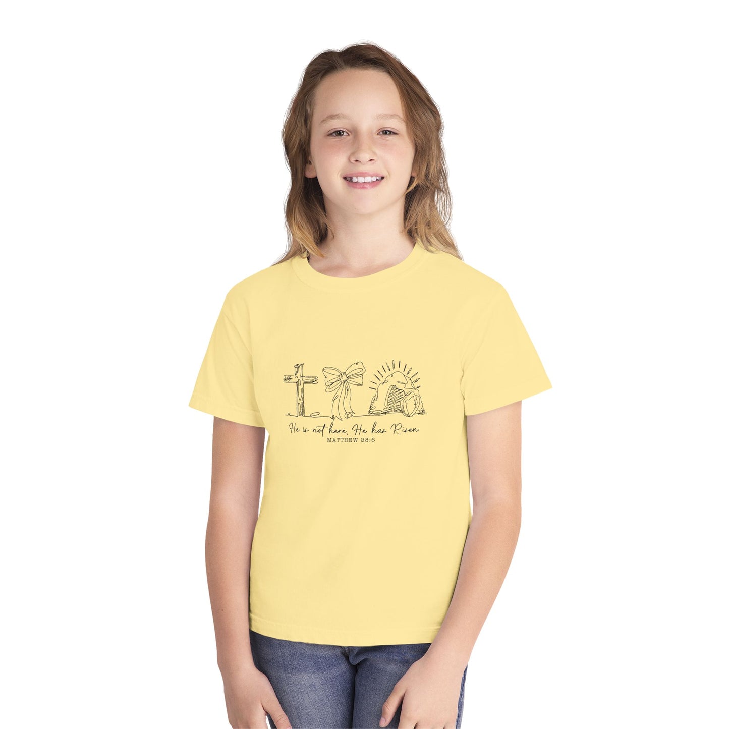 Youth Tee — "He Is Not Here; He Has Risen" Religious Christian Youth Shirt