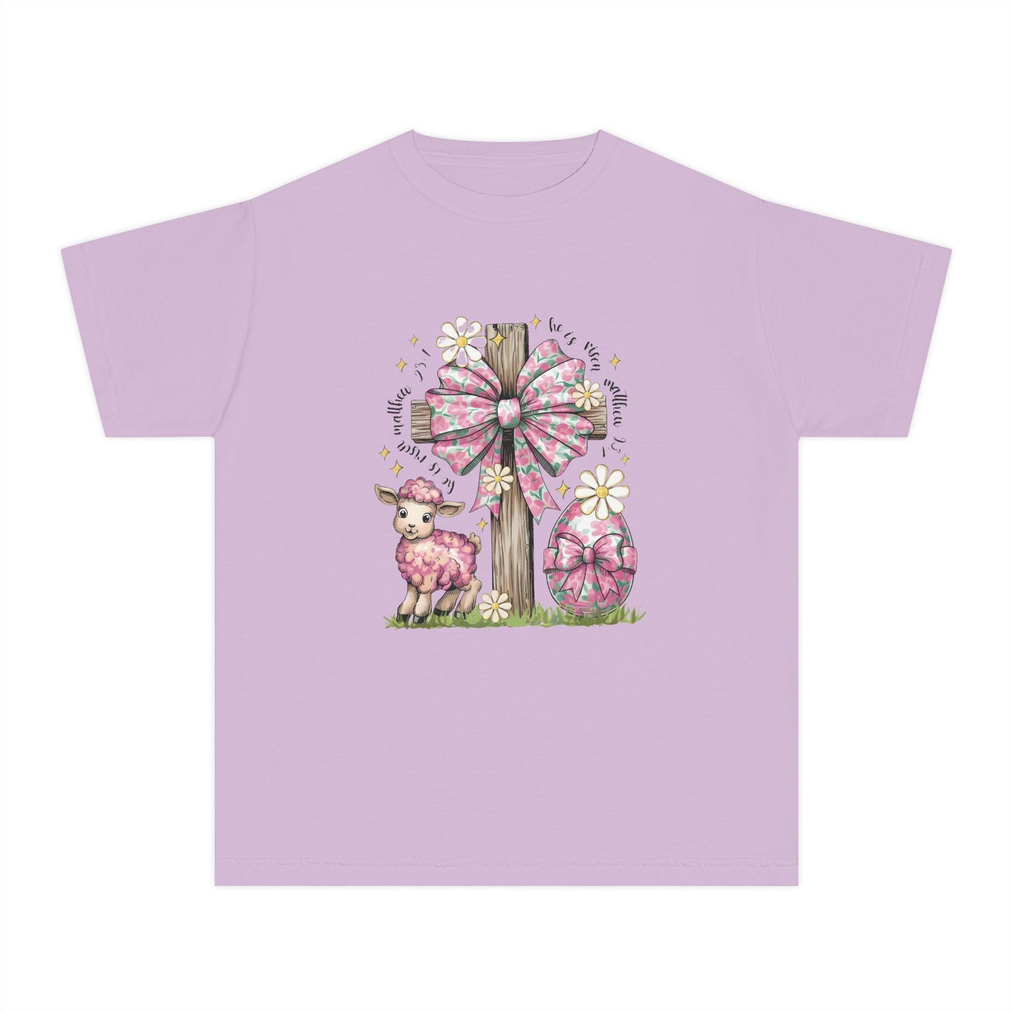 Kids Easter Lamb Tee — Pink Bow Cross & Floral Spring Design