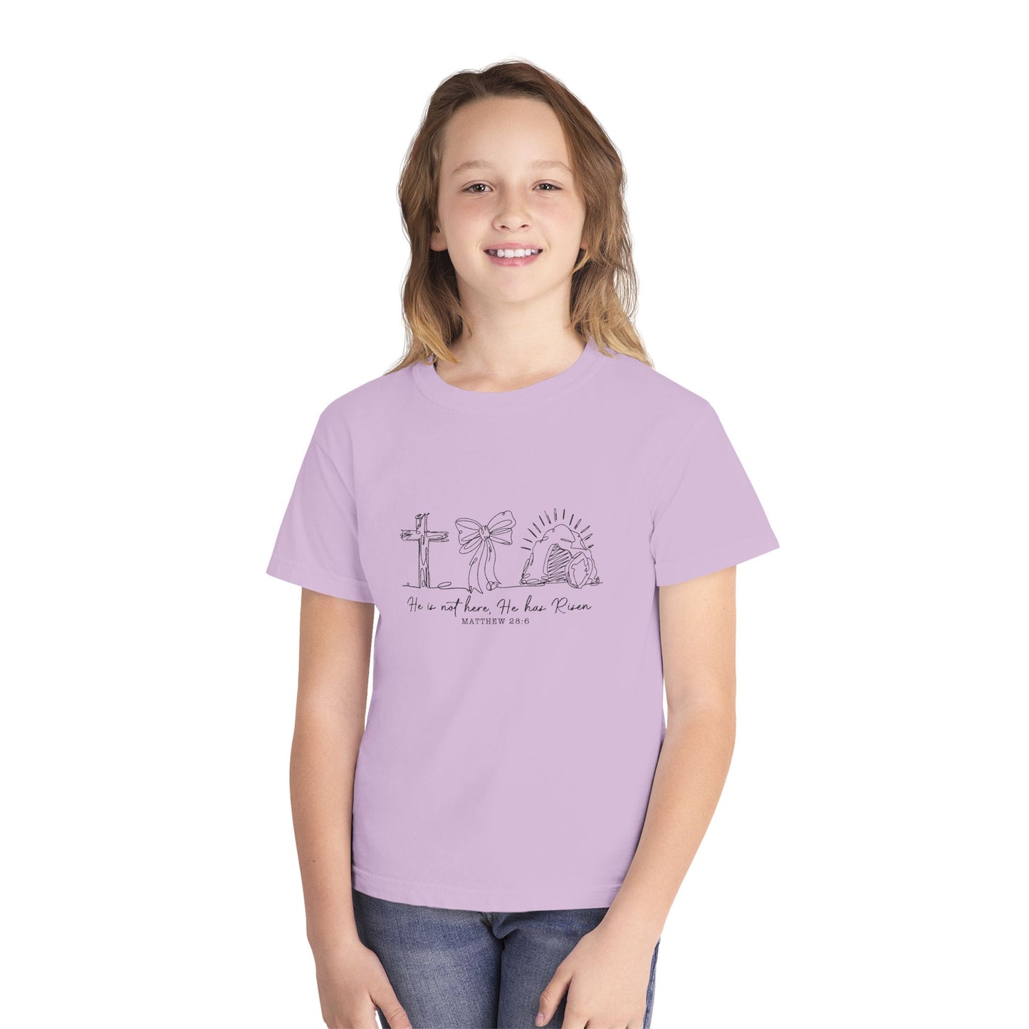 Youth Tee — "He Is Not Here; He Has Risen" Religious Christian Youth Shirt
