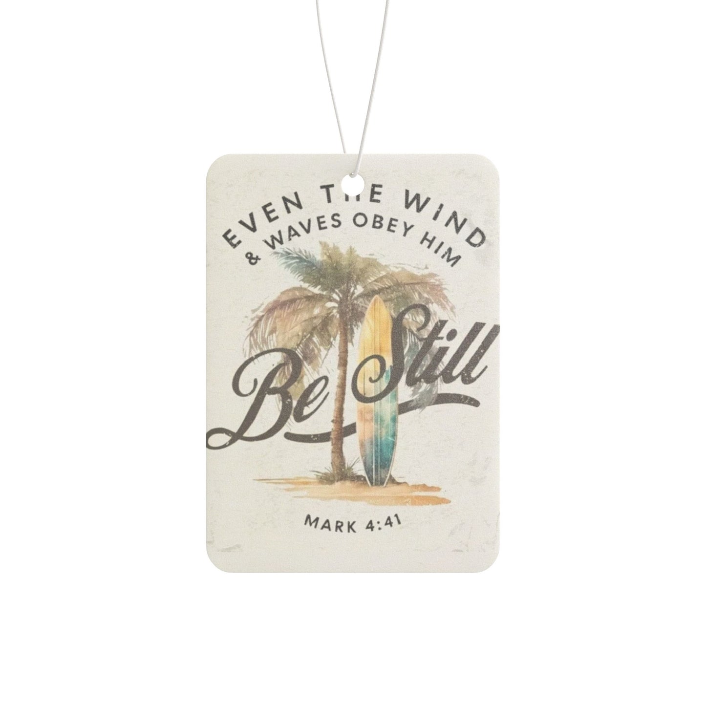 Be Still Car Air Freshener — Mark 4:41 Surfboard & Palm Tree Christian Scent