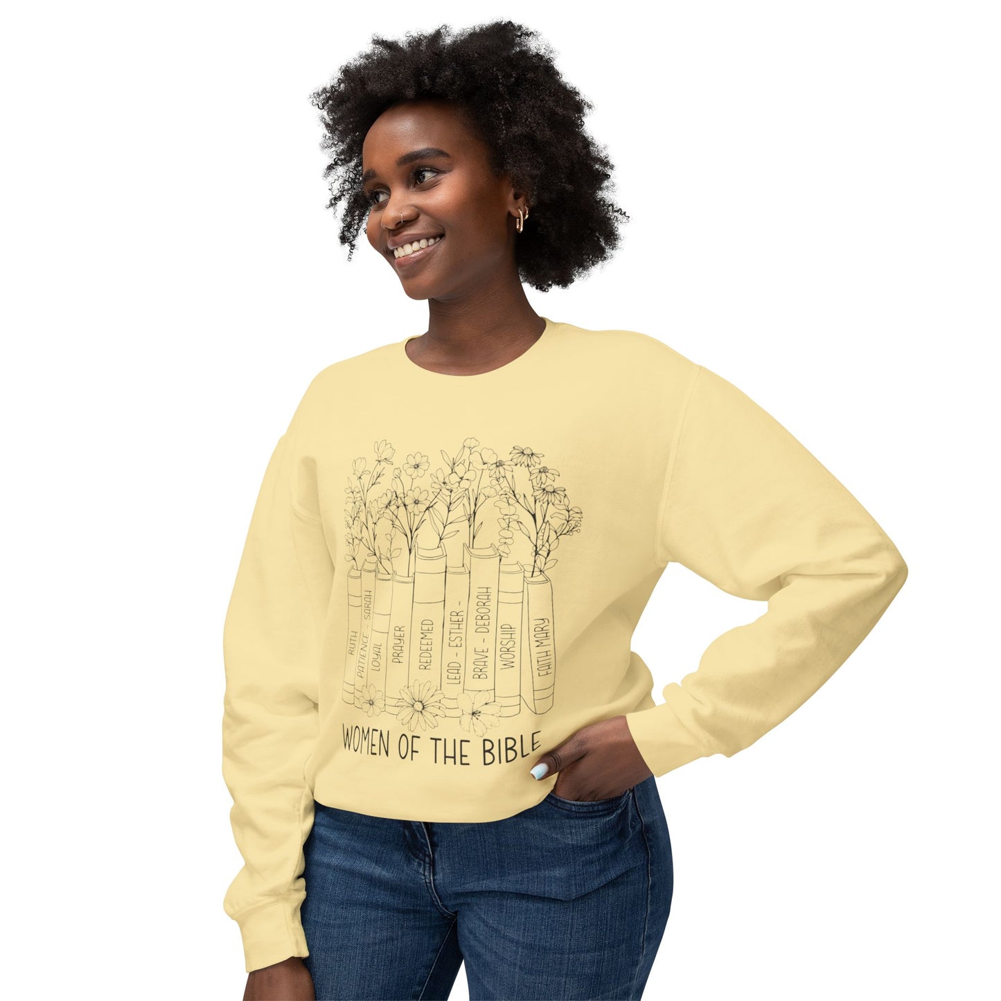 Women of the Bible Crewneck Sweatshirt — Floral Bible Spine Design