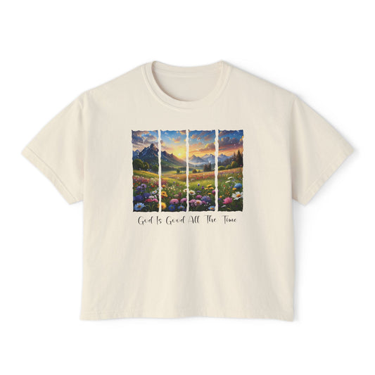 Women's Boxy Tee - 'God Is Good All The Time' Scenic Sunrise Floral Graphic