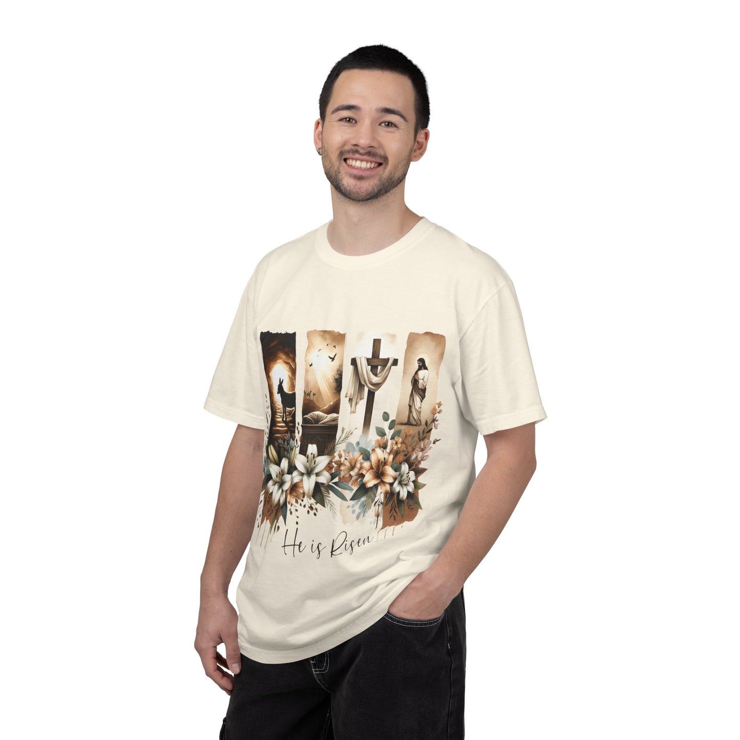 He Is Risen Easter T-Shirt — Christian Cross Resurrection Floral Tee