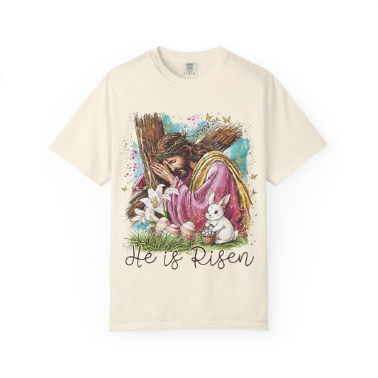 He Is Risen Easter T-Shirt — Christian Resurrection Tee with Jesus, Lilies & Bunny
