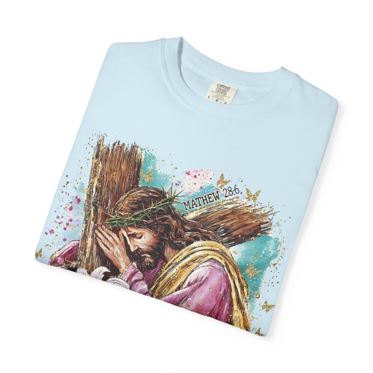 He Is Risen Easter T-Shirt — Christian Resurrection Tee with Jesus, Lilies & Bunny