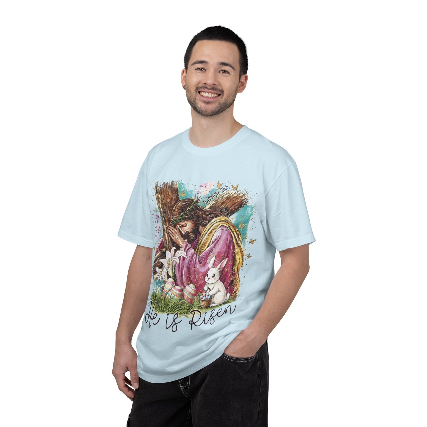 He Is Risen Easter T-Shirt — Christian Resurrection Tee with Jesus, Lilies & Bunny
