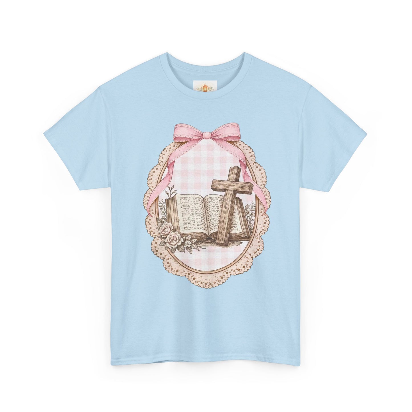 Christian Cross & Bible Tee — Pink Bow Vintage Easter Faith Shirt