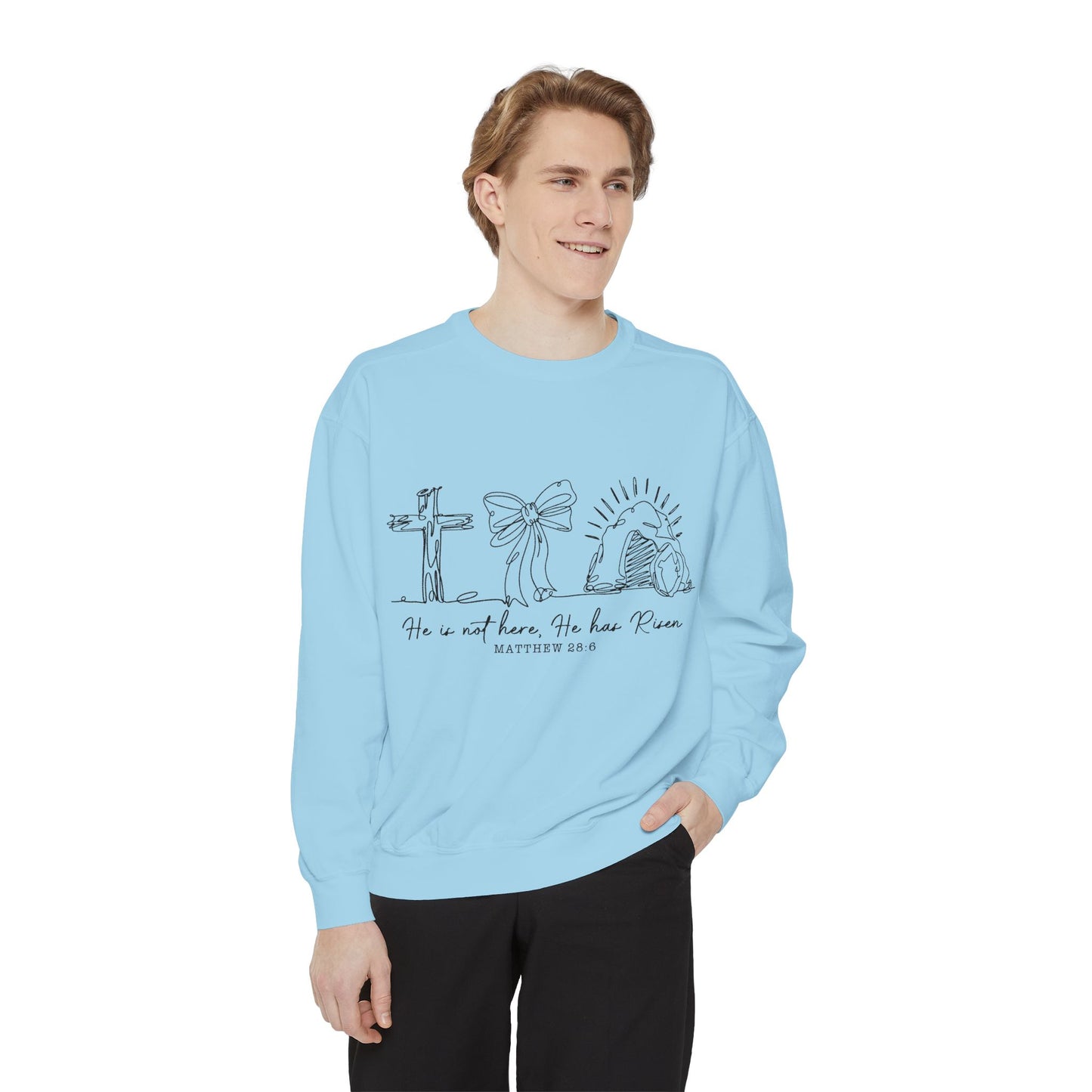 He Is Risen Christian Sweatshirt — Cross, Bow & Empty Tomb Easter Pullover