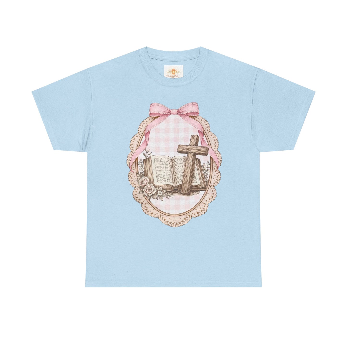 Christian Cross & Bible Tee — Pink Bow Vintage Easter Faith Shirt
