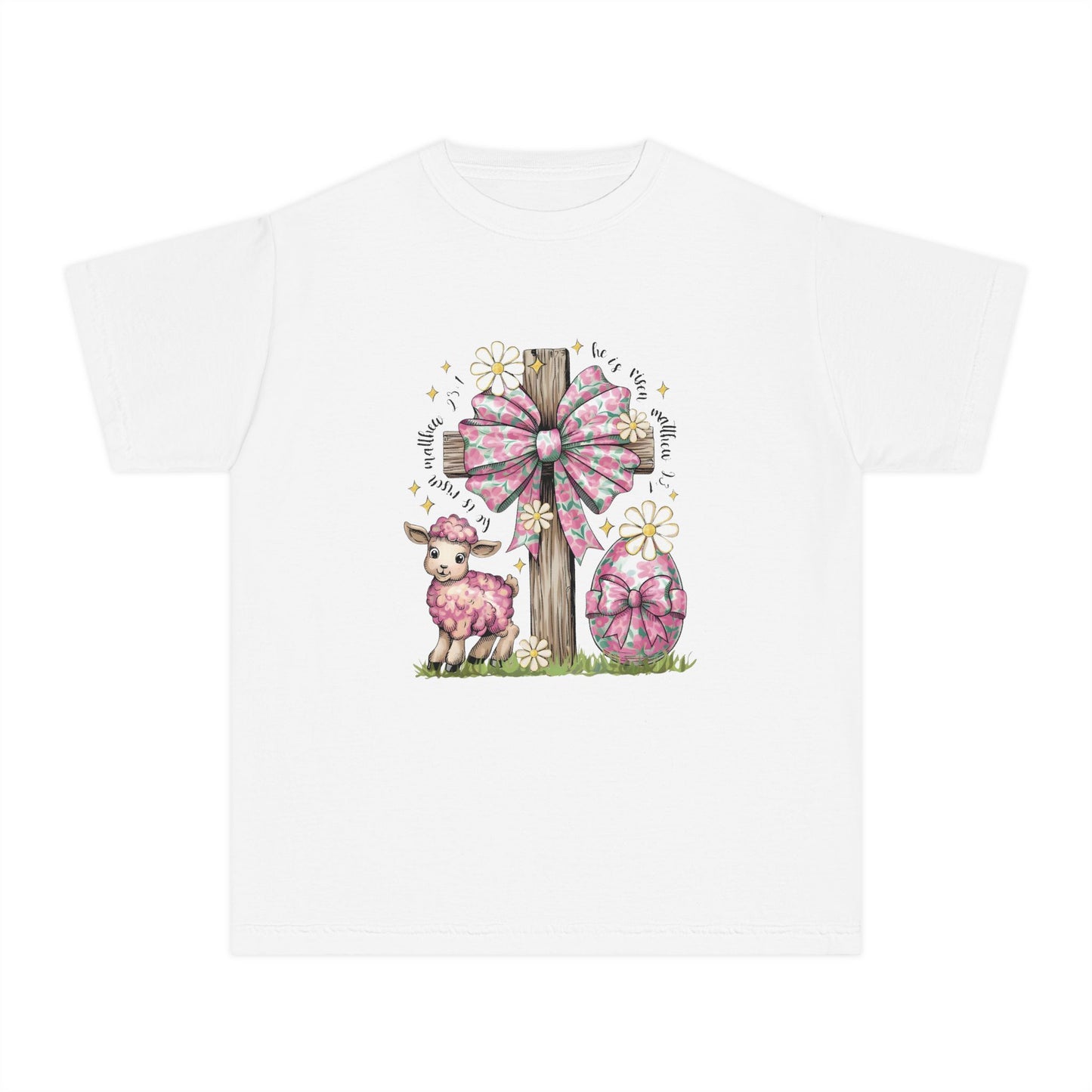 Kids Easter Lamb Tee — Pink Bow Cross & Floral Spring Design