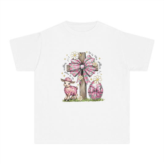Kids Easter Lamb Tee — Pink Bow Cross & Floral Spring Design