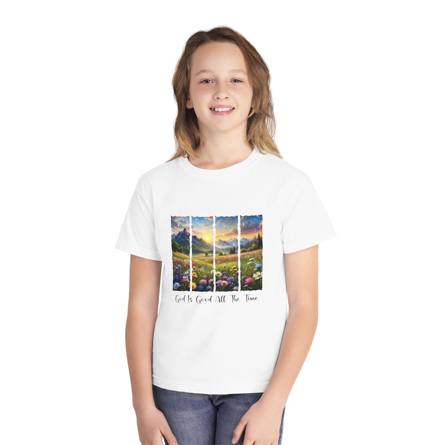 Youth Tee — 'God Is Good All The Time' Sunrise Mountain Floral Christian Shirt