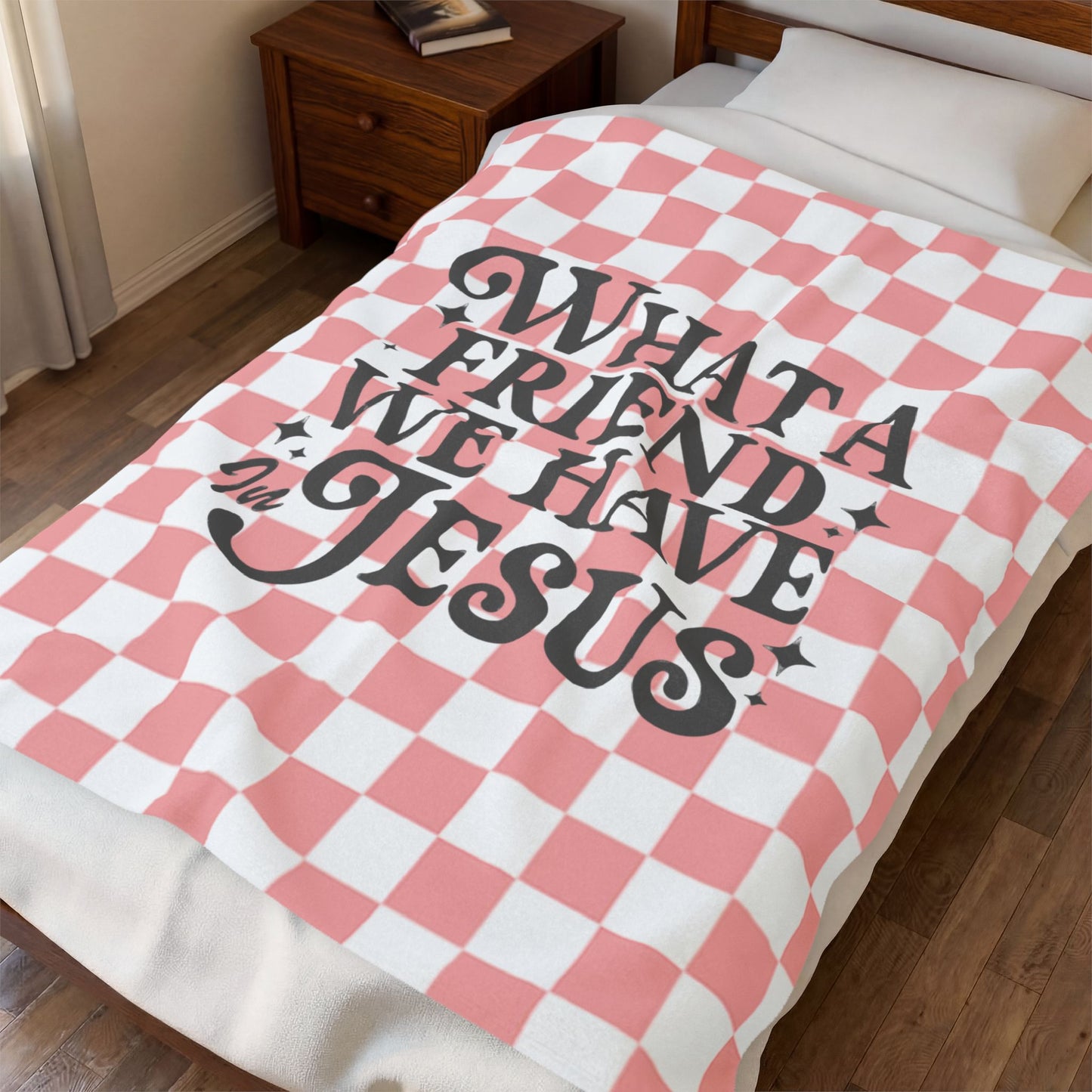 What a Friend We Have in Jesus Velveteen Plush Blanket — Pink Check Faith Throw