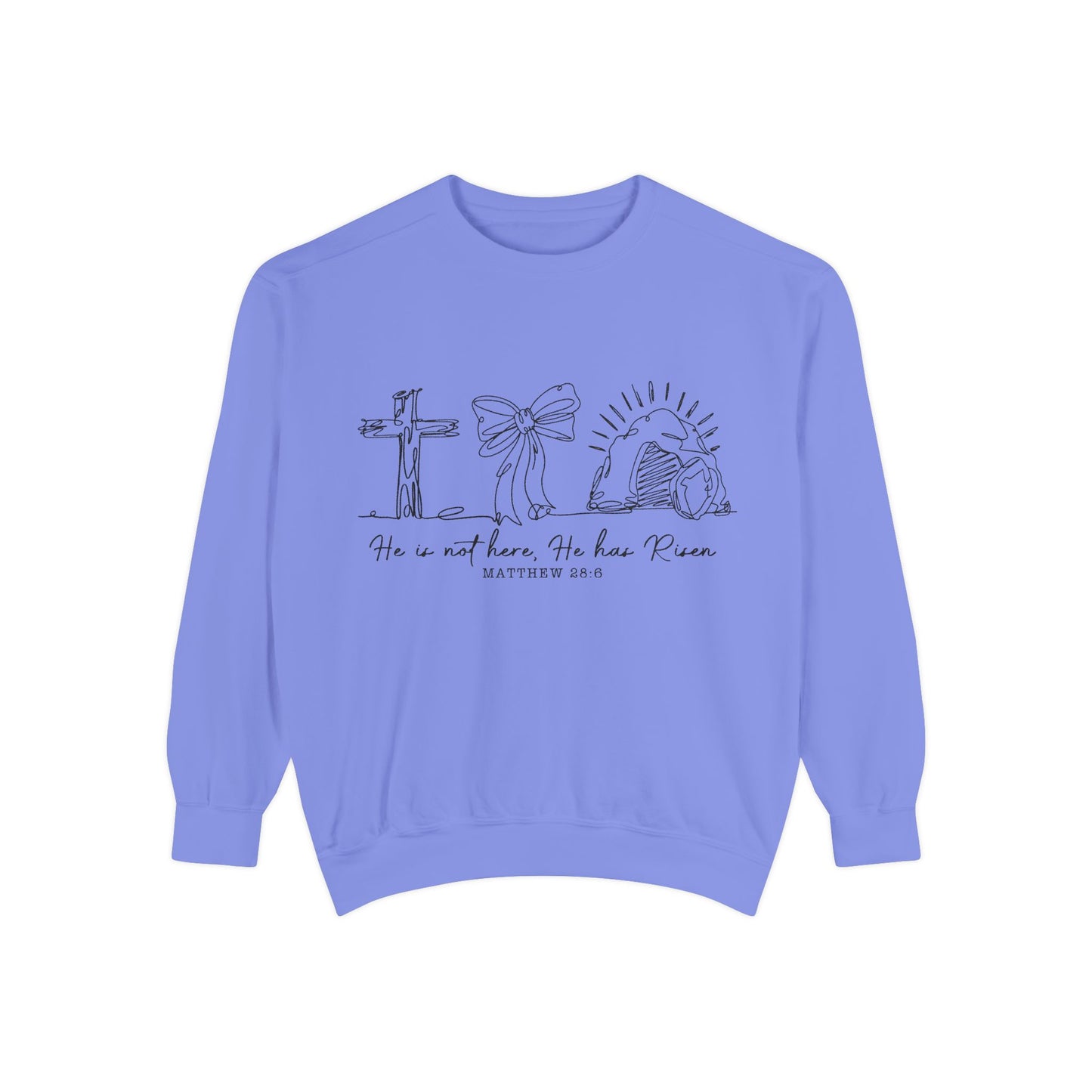 He Is Risen Christian Sweatshirt — Cross, Bow & Empty Tomb Easter Pullover