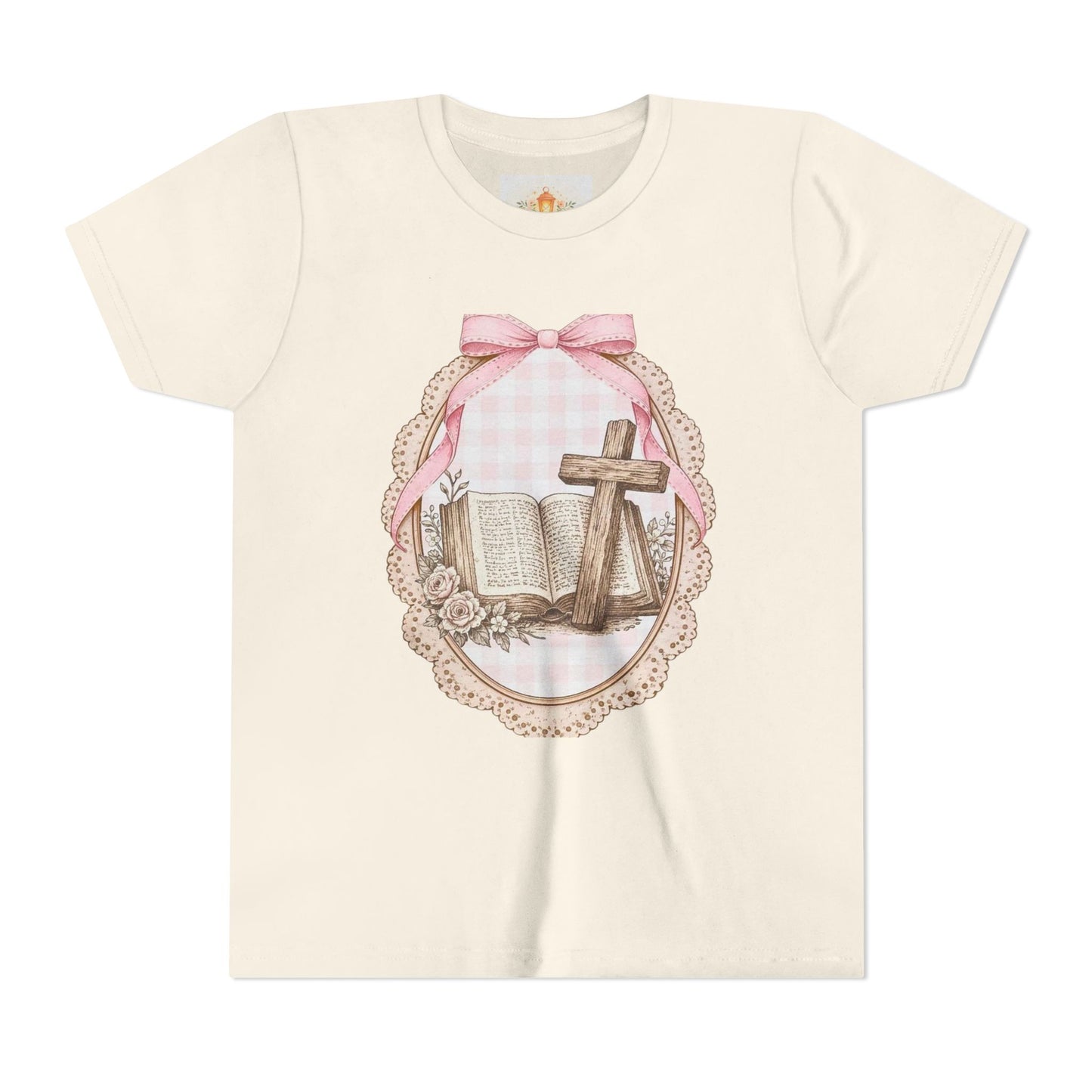 Youth Tee — Pink Floral Bible & Cross Design (Easter/Christian Kids)