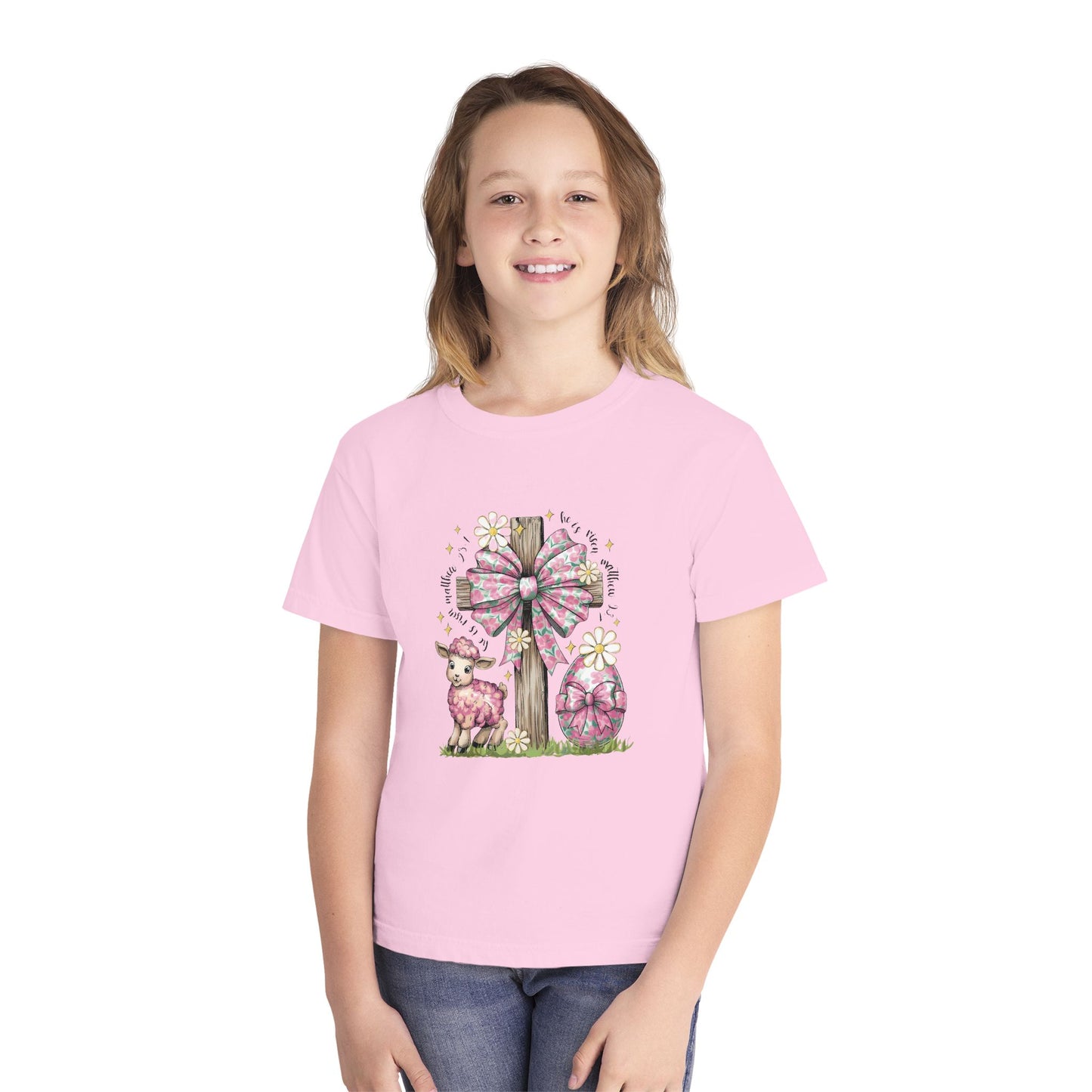 Kids Easter Lamb Tee — Pink Bow Cross & Floral Spring Design