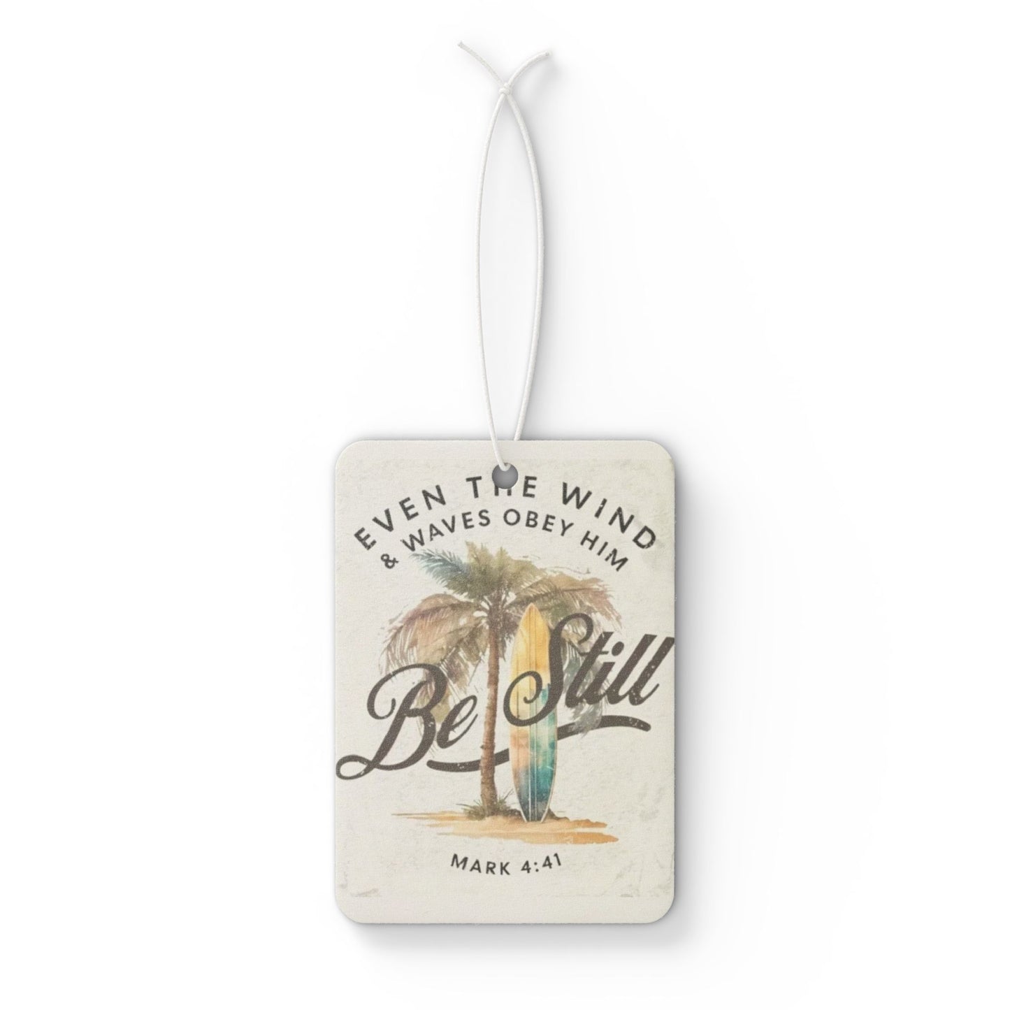 Be Still Car Air Freshener — Mark 4:41 Surfboard & Palm Tree Christian Scent
