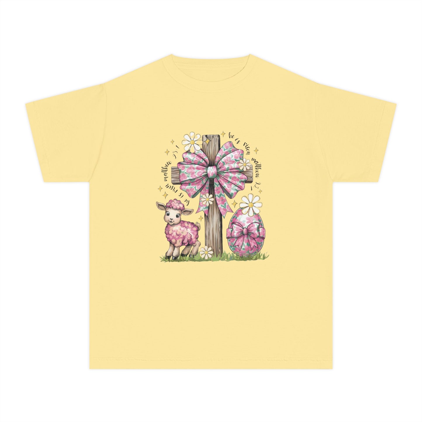 Kids Easter Lamb Tee — Pink Bow Cross & Floral Spring Design