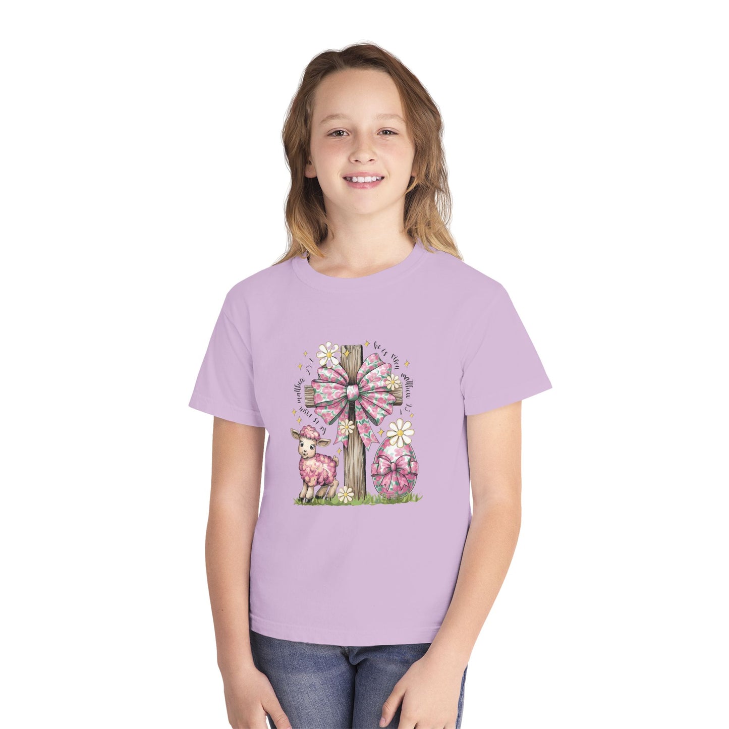 Kids Easter Lamb Tee — Pink Bow Cross & Floral Spring Design