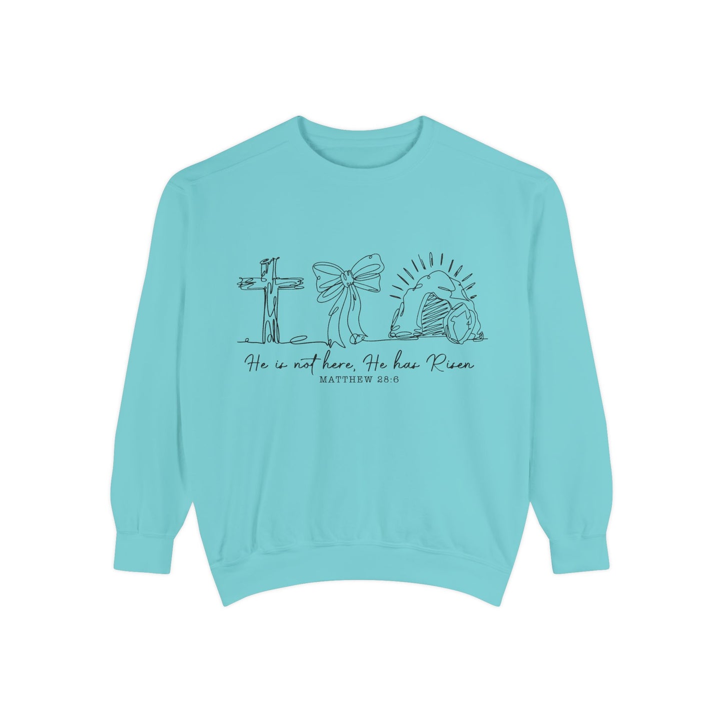 He Is Risen Christian Sweatshirt — Cross, Bow & Empty Tomb Easter Pullover