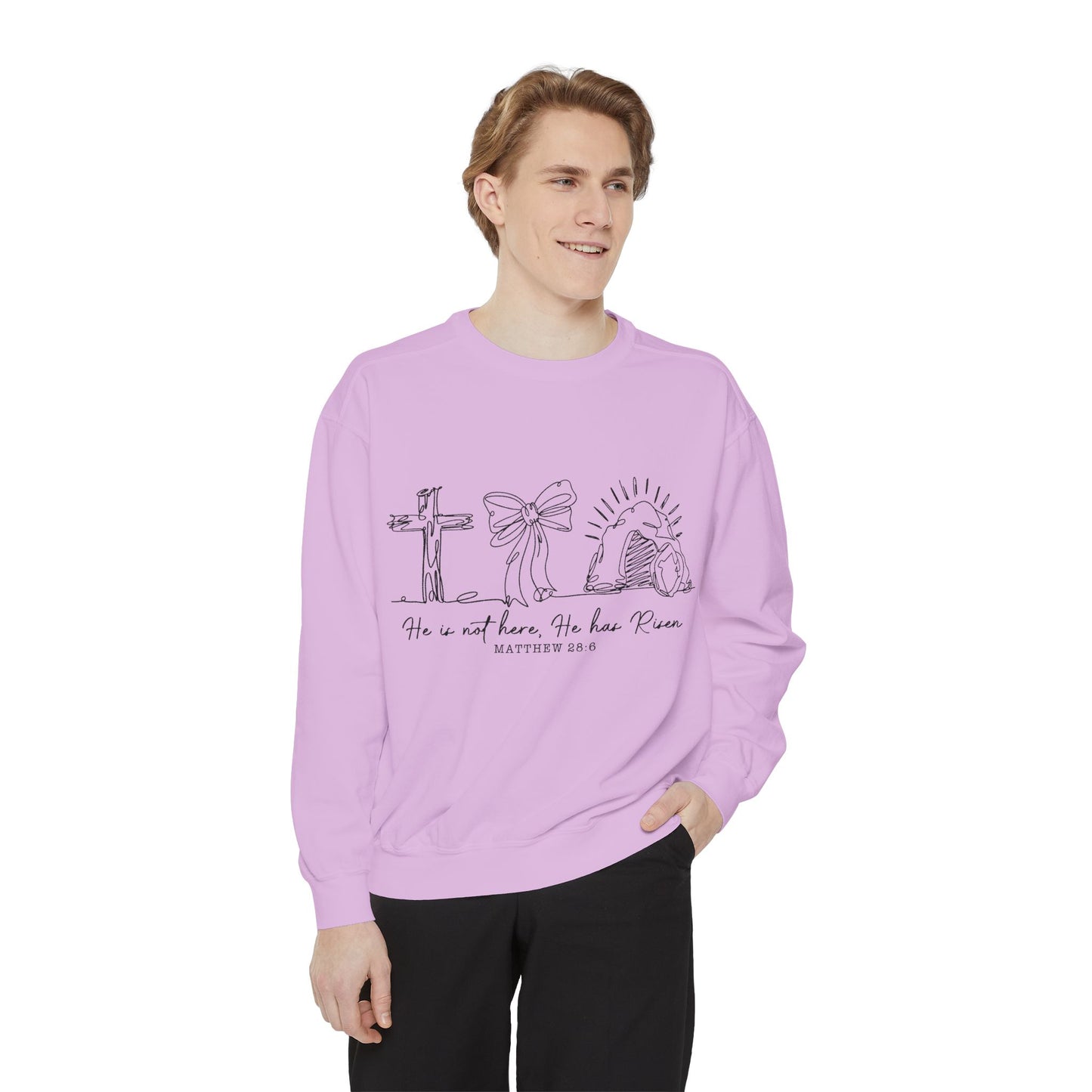 He Is Risen Christian Sweatshirt — Cross, Bow & Empty Tomb Easter Pullover