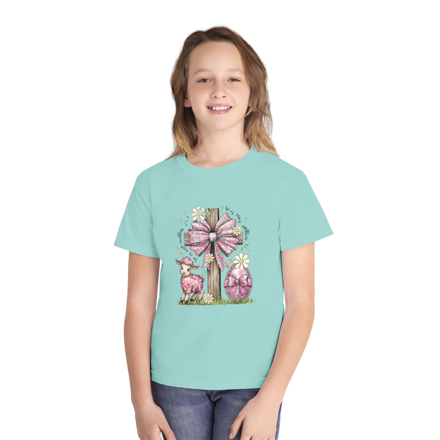 Kids Easter Lamb Tee — Pink Bow Cross & Floral Spring Design
