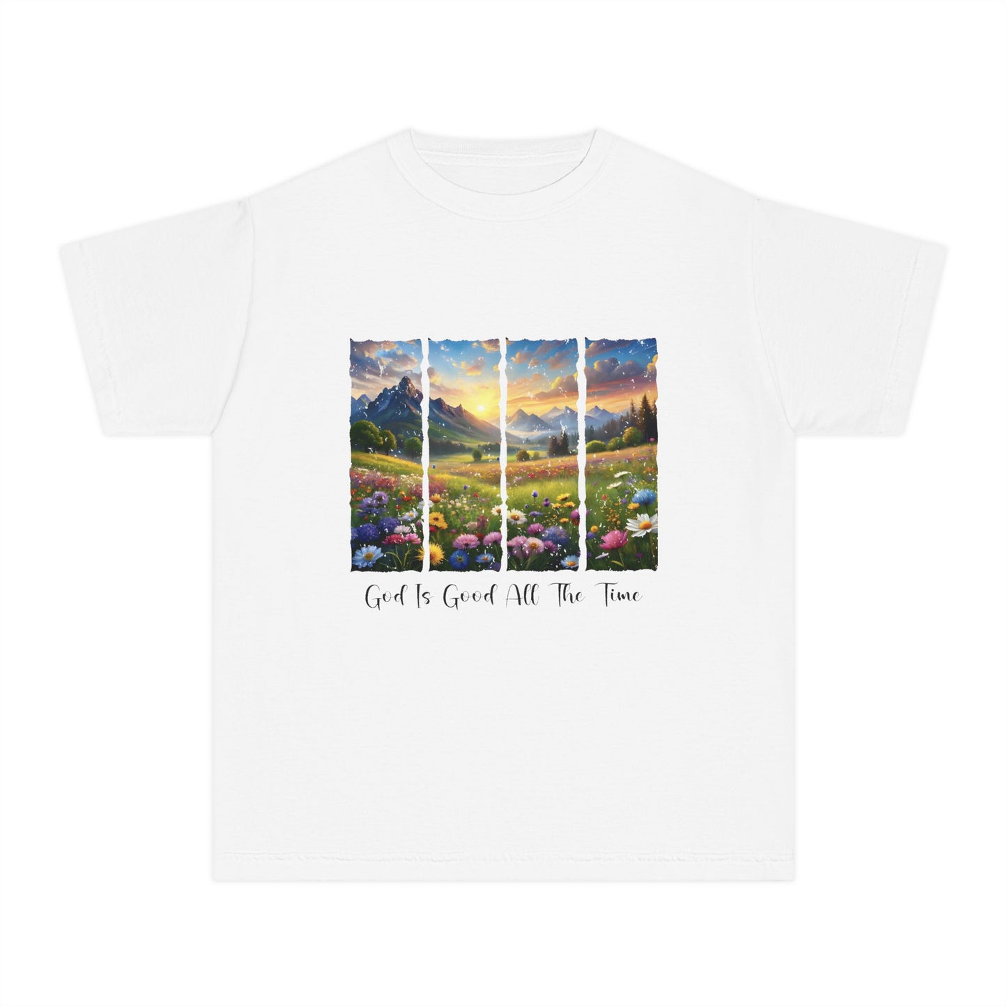 Youth Tee — 'God Is Good All The Time' Sunrise Mountain Floral Christian Shirt