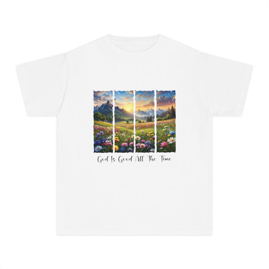 Youth Tee — 'God Is Good All The Time' Sunrise Mountain Floral Christian Shirt