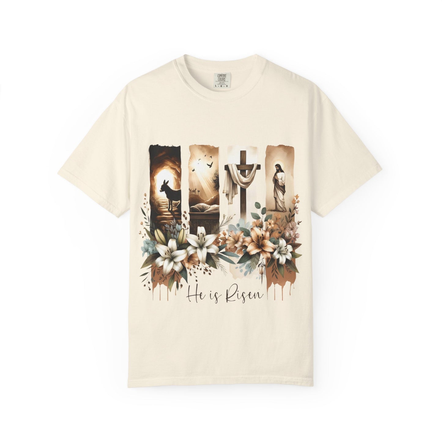 He Is Risen Easter T-Shirt — Christian Cross Resurrection Floral Tee
