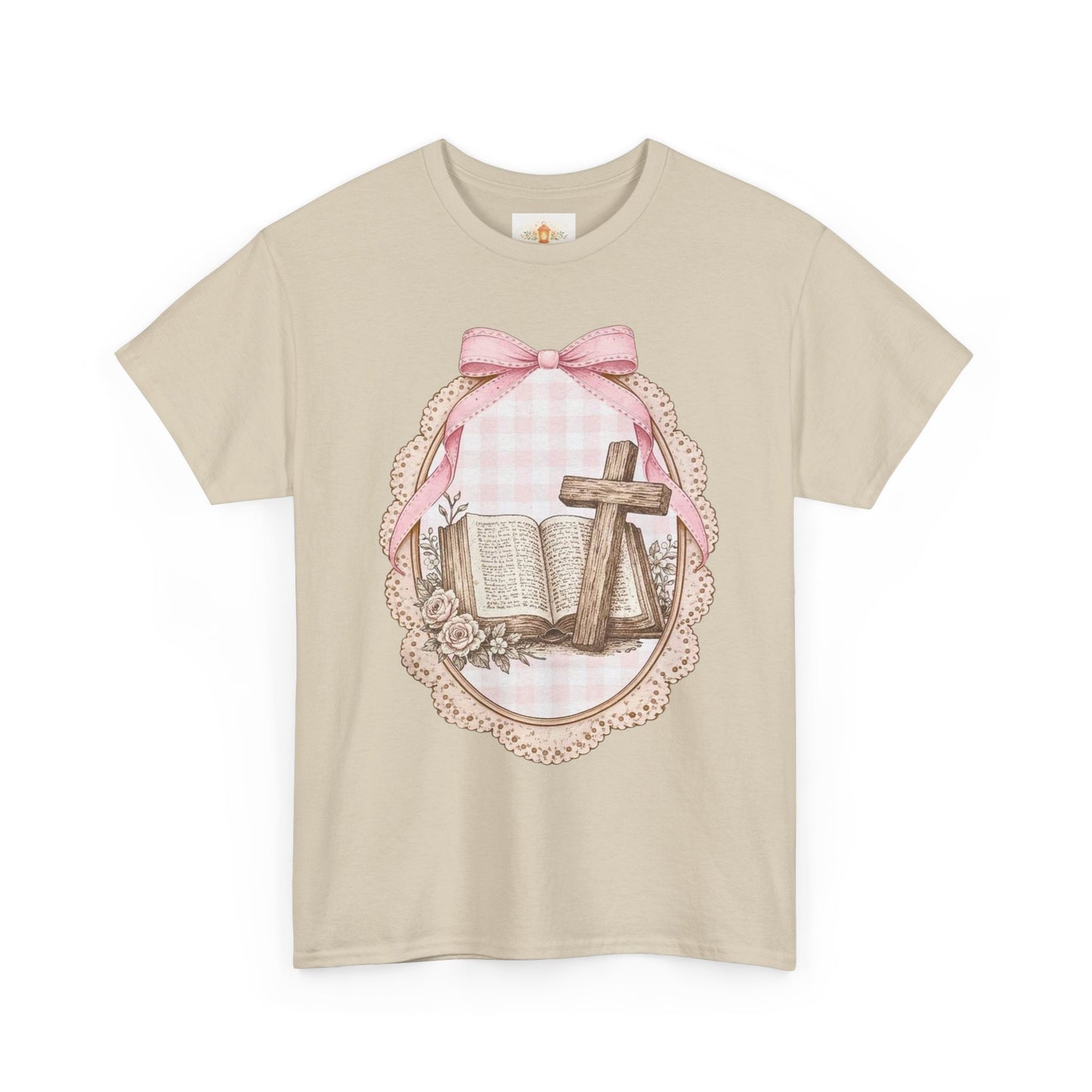 Christian Cross & Bible Tee — Pink Bow Vintage Easter Faith Shirt