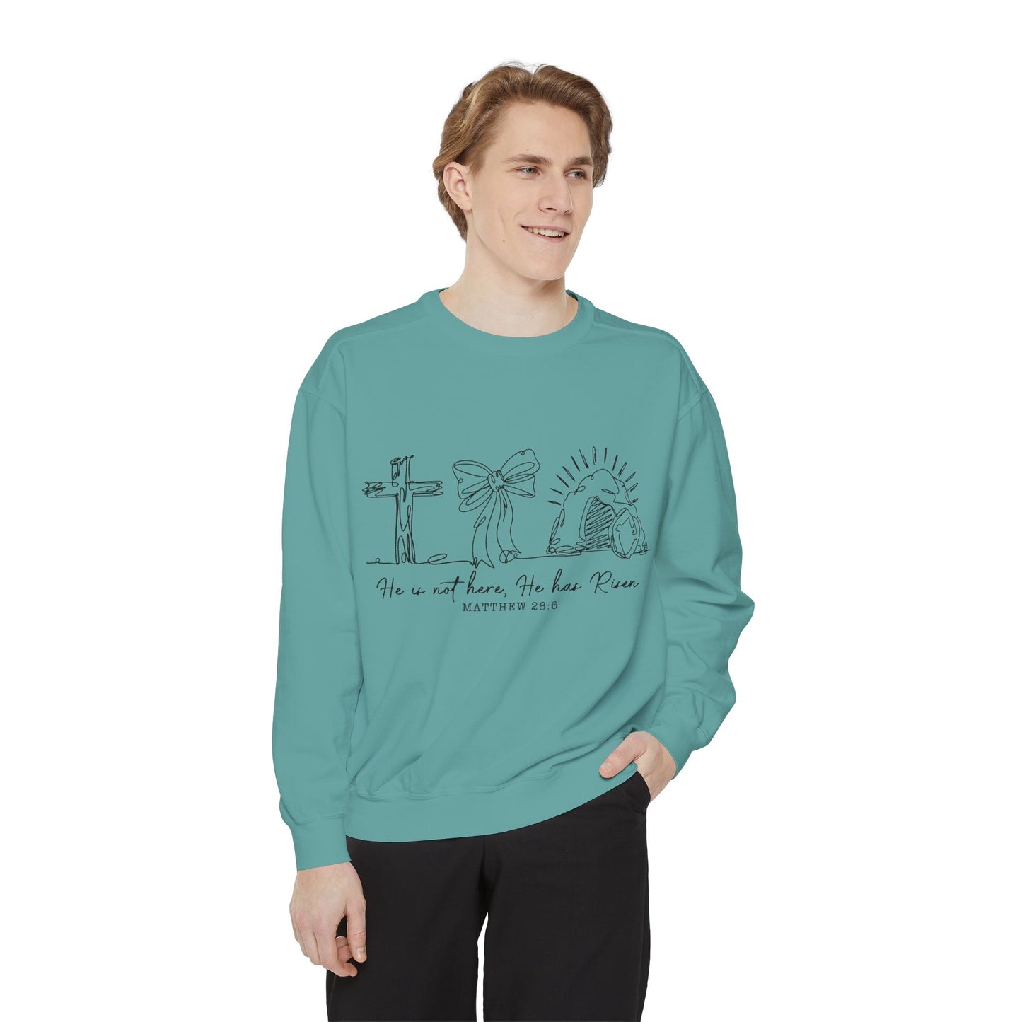 He Is Risen Christian Sweatshirt — Cross, Bow & Empty Tomb Easter Pullover