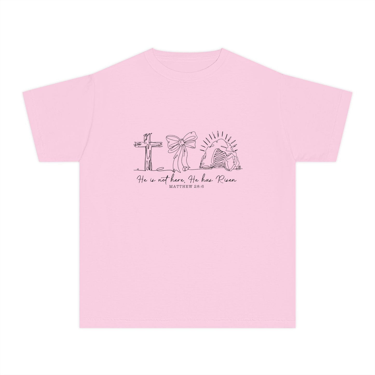 Youth Tee — "He Is Not Here; He Has Risen" Religious Christian Youth Shirt