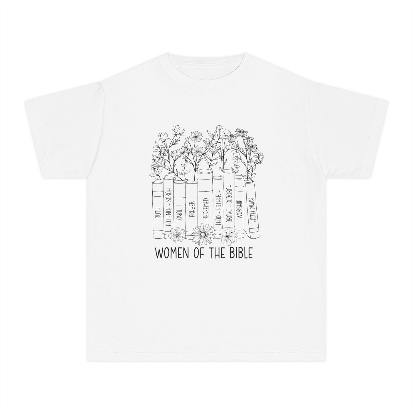 Women of the Bible Youth Tee — Floral Bible Spine Illustration