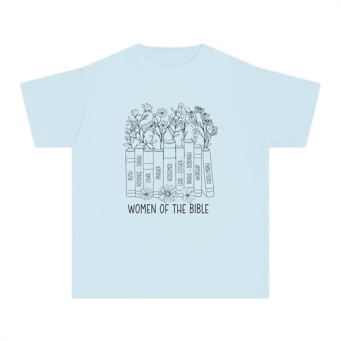 Women of the Bible Youth Tee — Floral Bible Spine Illustration