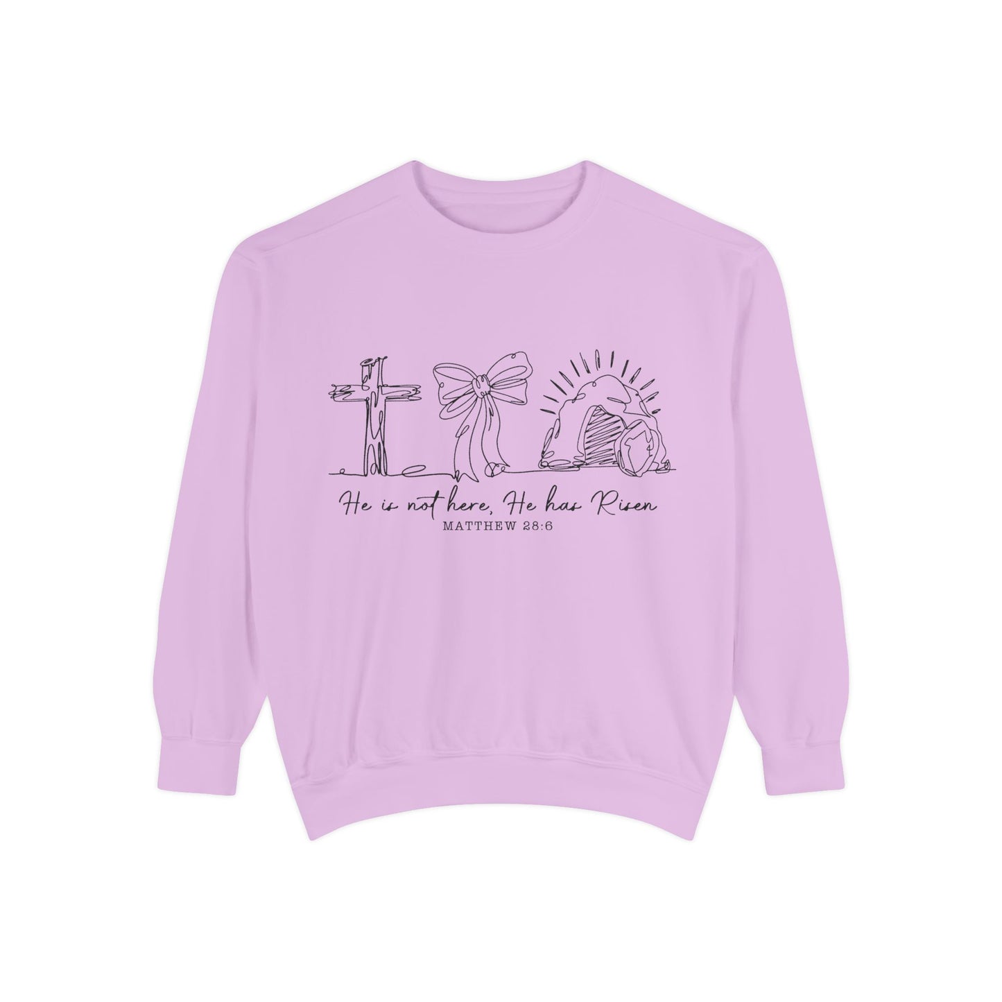 He Is Risen Christian Sweatshirt — Cross, Bow & Empty Tomb Easter Pullover