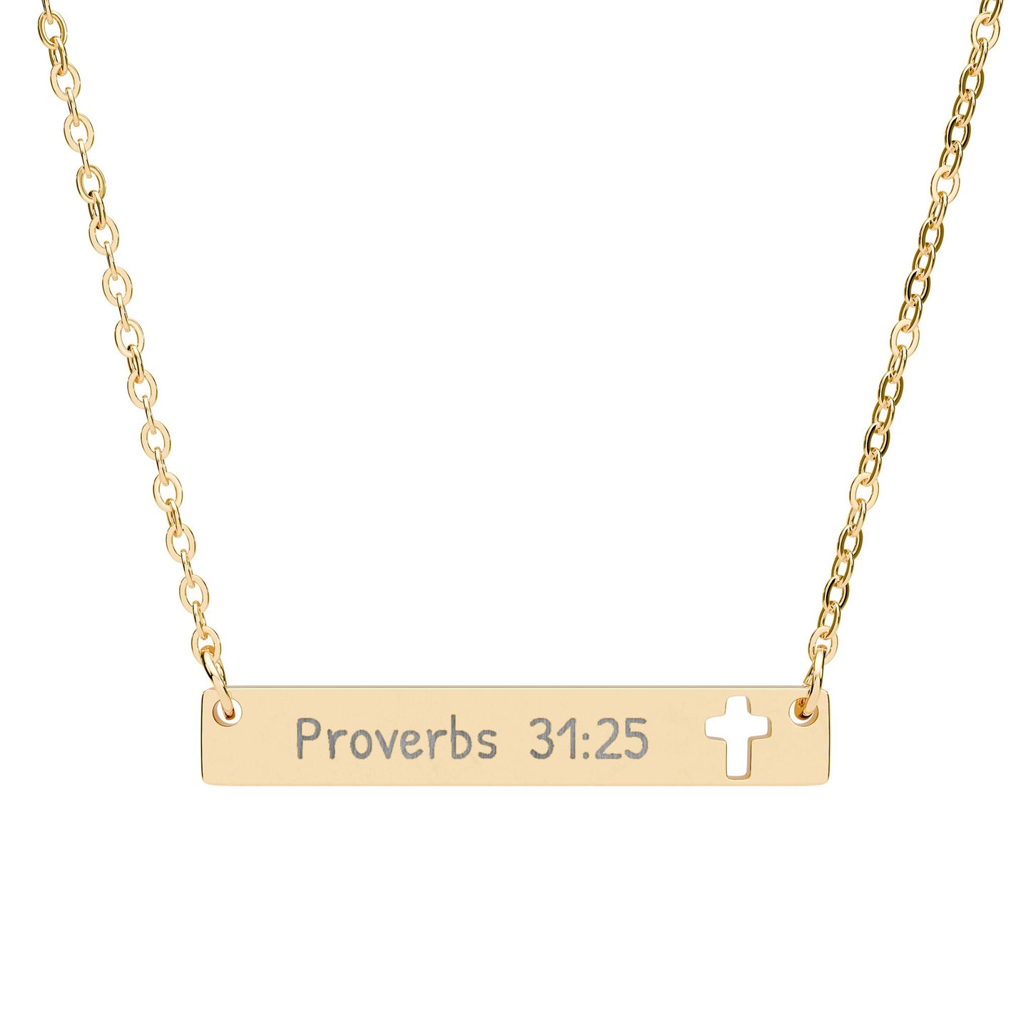 Cutout Cross Bar Necklace — Engraved “Proverbs 31:25” Christian Pendant