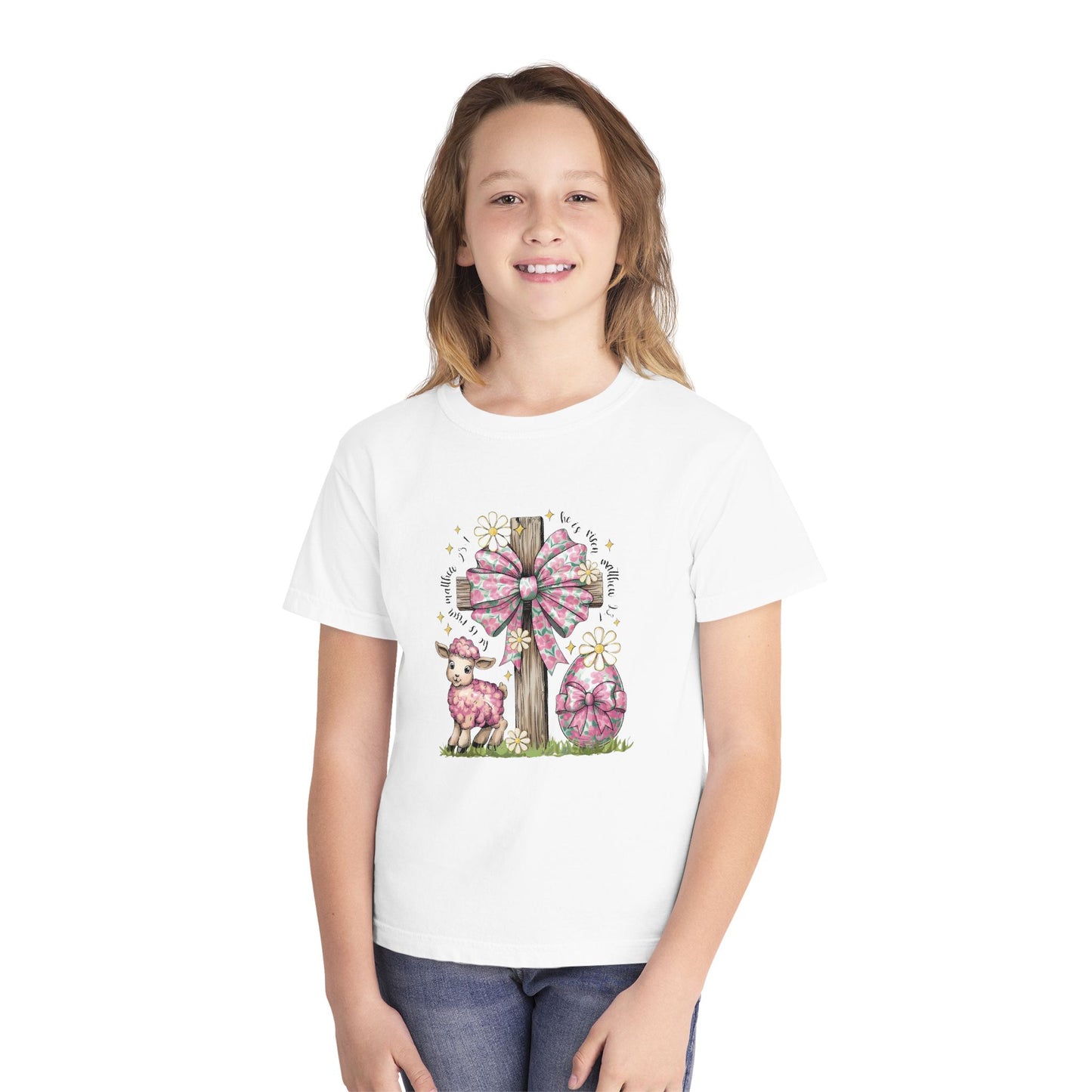 Kids Easter Lamb Tee — Pink Bow Cross & Floral Spring Design