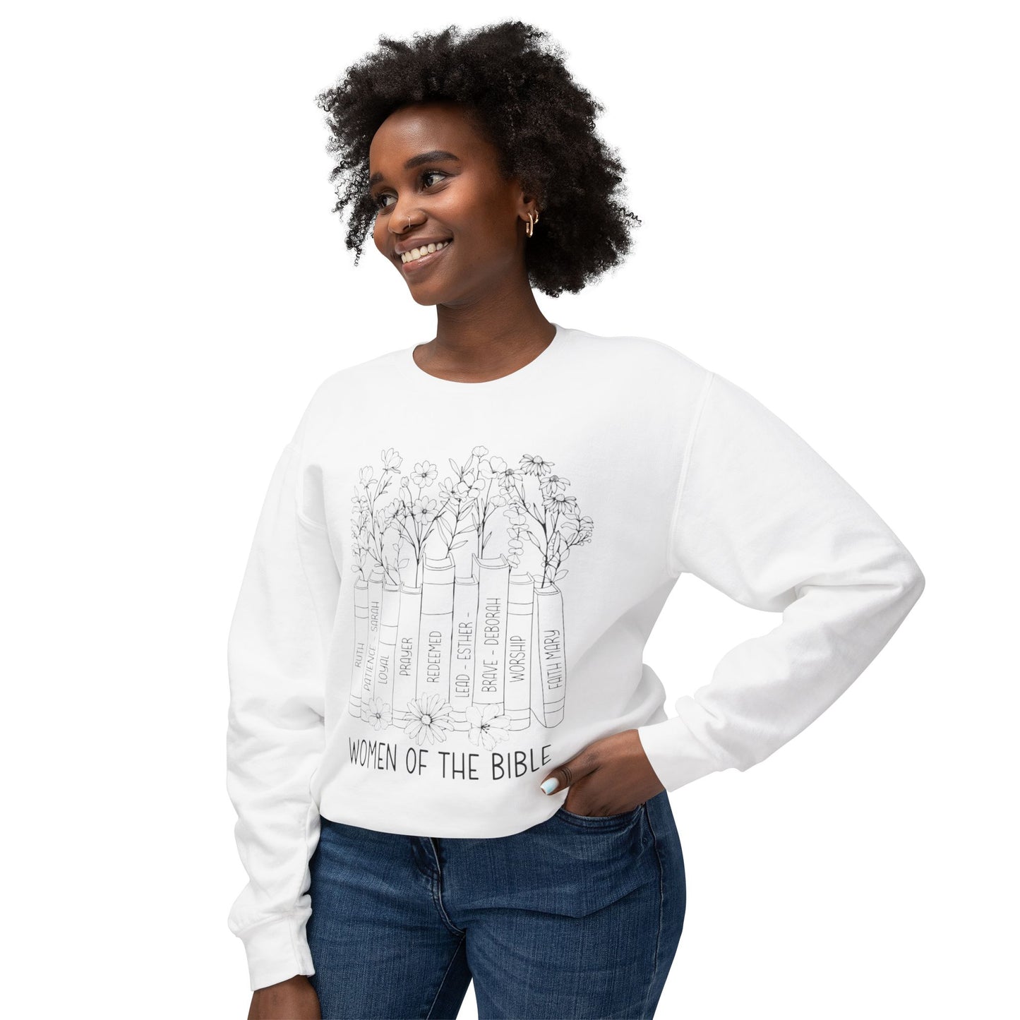 Women of the Bible Crewneck Sweatshirt — Floral Bible Spine Design