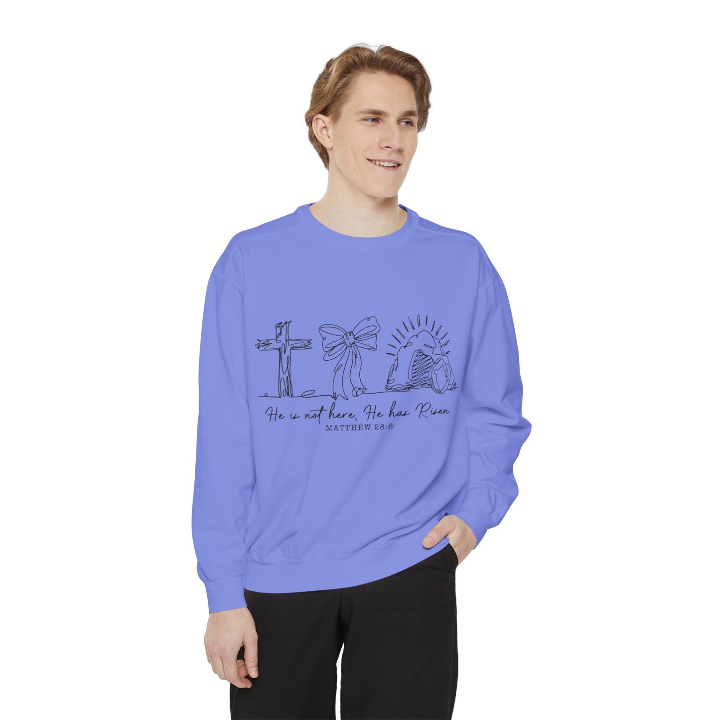 He Is Risen Christian Sweatshirt — Cross, Bow & Empty Tomb Easter Pullover