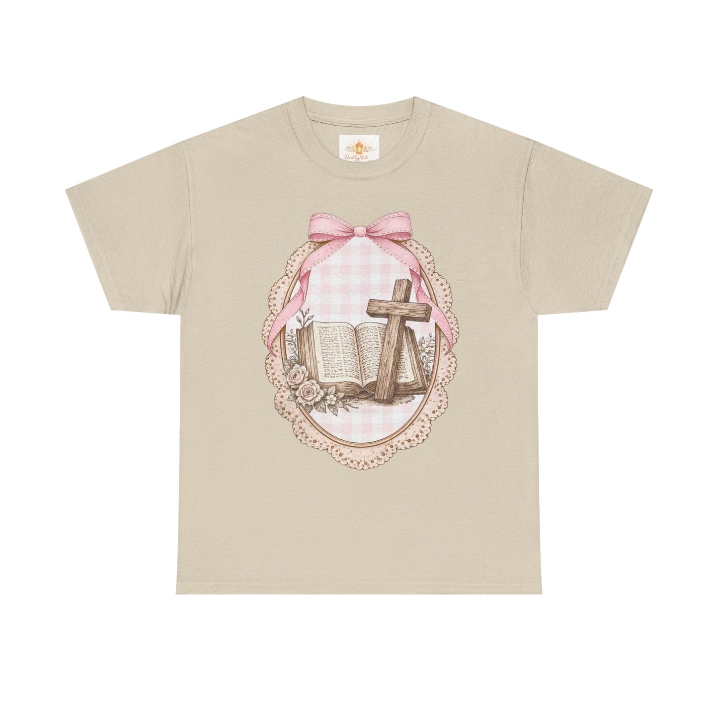 Christian Cross & Bible Tee — Pink Bow Vintage Easter Faith Shirt